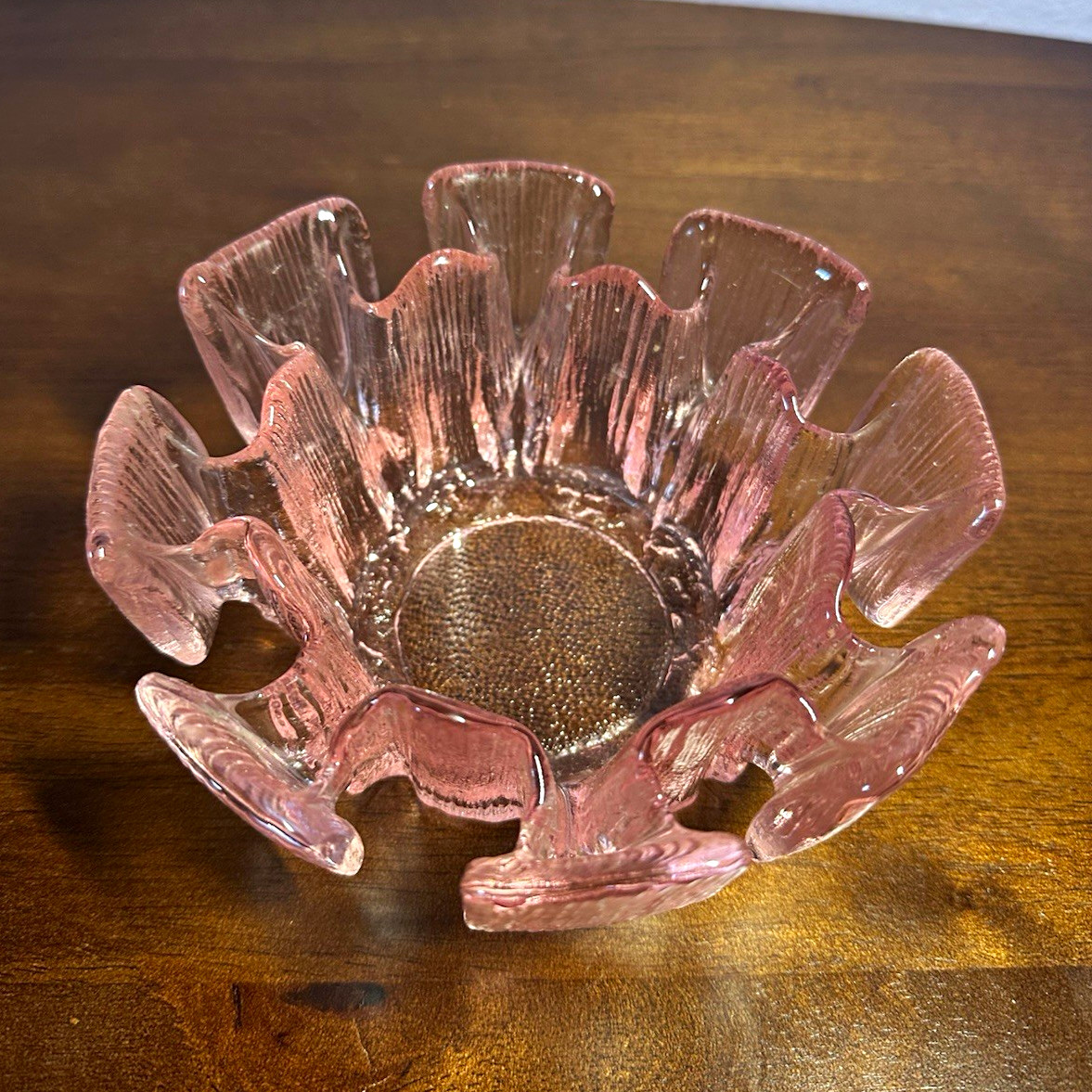 Vintage Viking Glass Pink Optic Ice Snowflake Bowl Candy Dish 6” MCM