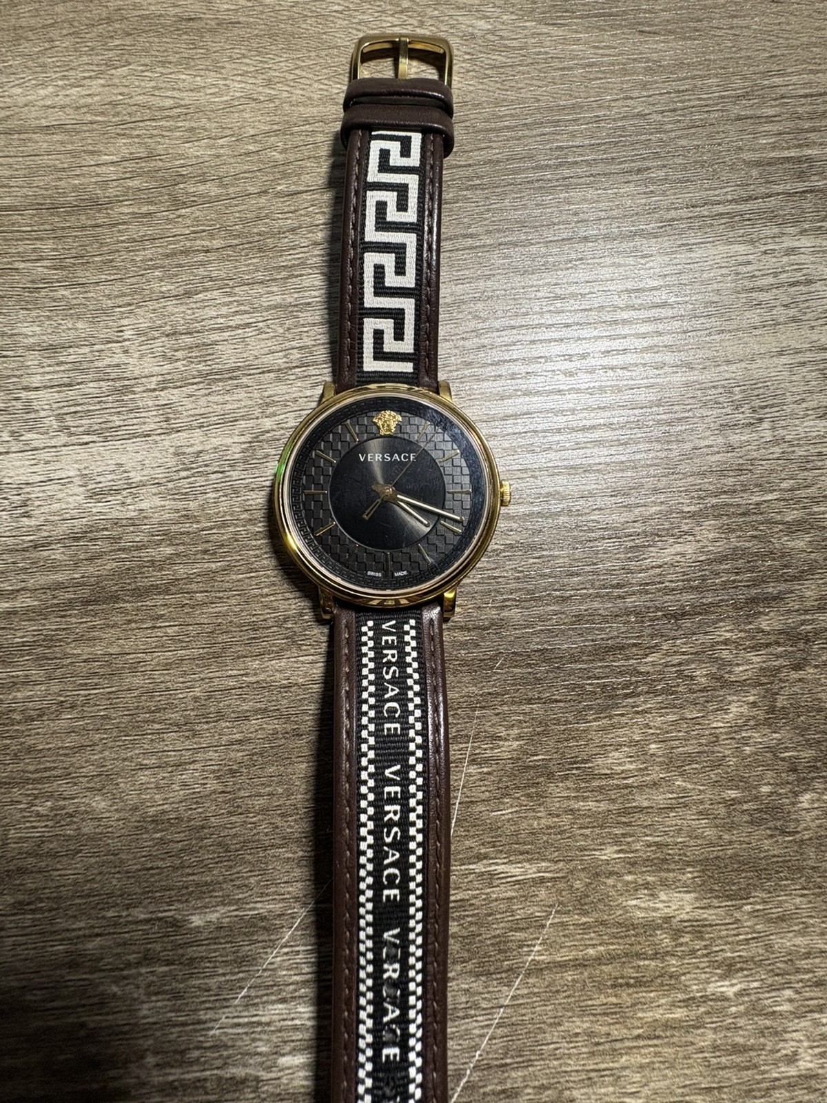 Versace V-Circle VE5A Swiss Made Sapphire Crystal Gold Tone Leather Watch