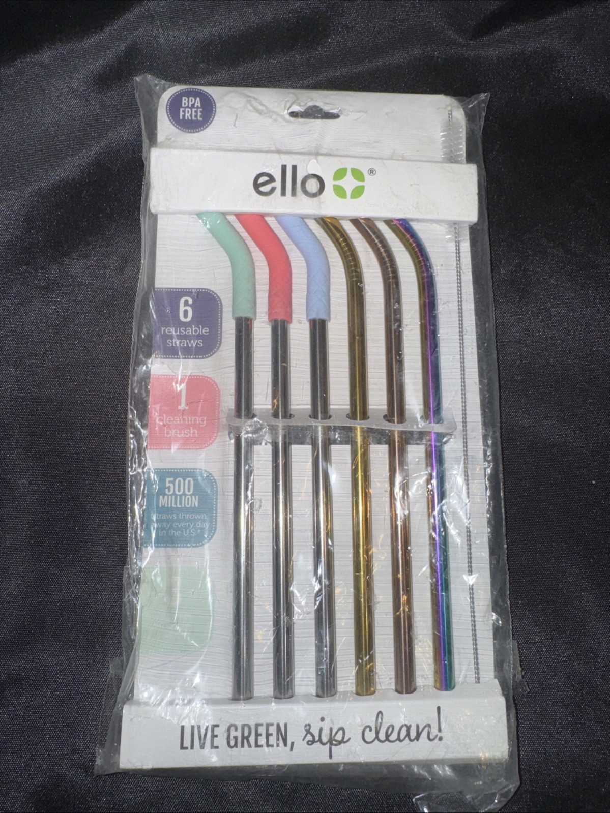 ELLO Live Green, Sip Clean 6 Cocktail Straws 1 Cleaning Brush Reusable Metallic ELLO Live Green, Sip Clean 6 Cocktail Straws 1 Cleaning Brush Reusable Metallic