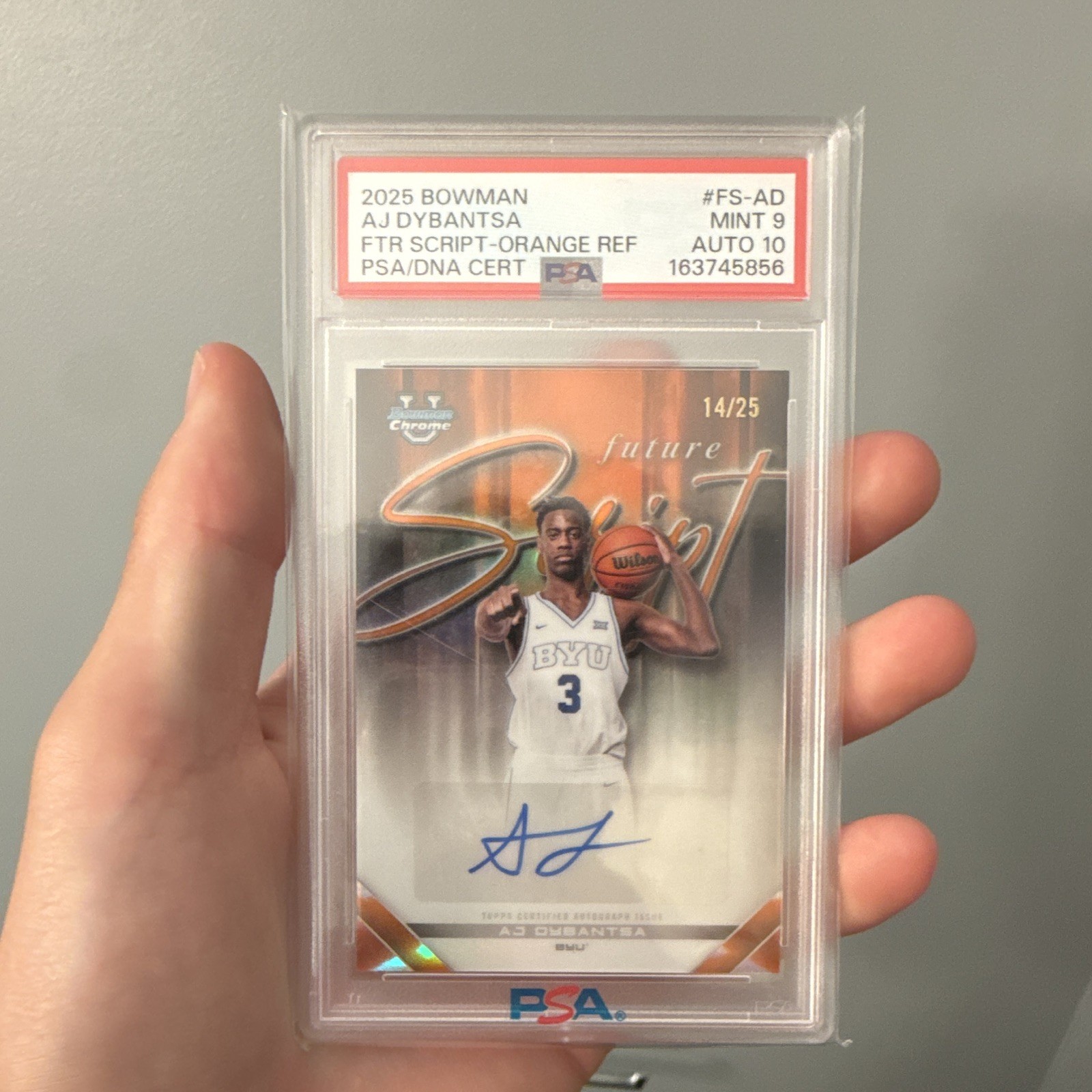 Topps 2025-26 Bowman Chrome AJ Dybantsa Future Script Orange Auto PSA 9/10 Topps 2025-26 Bowman Chrome AJ Dybantsa Future Script Orange Auto PSA 9/10