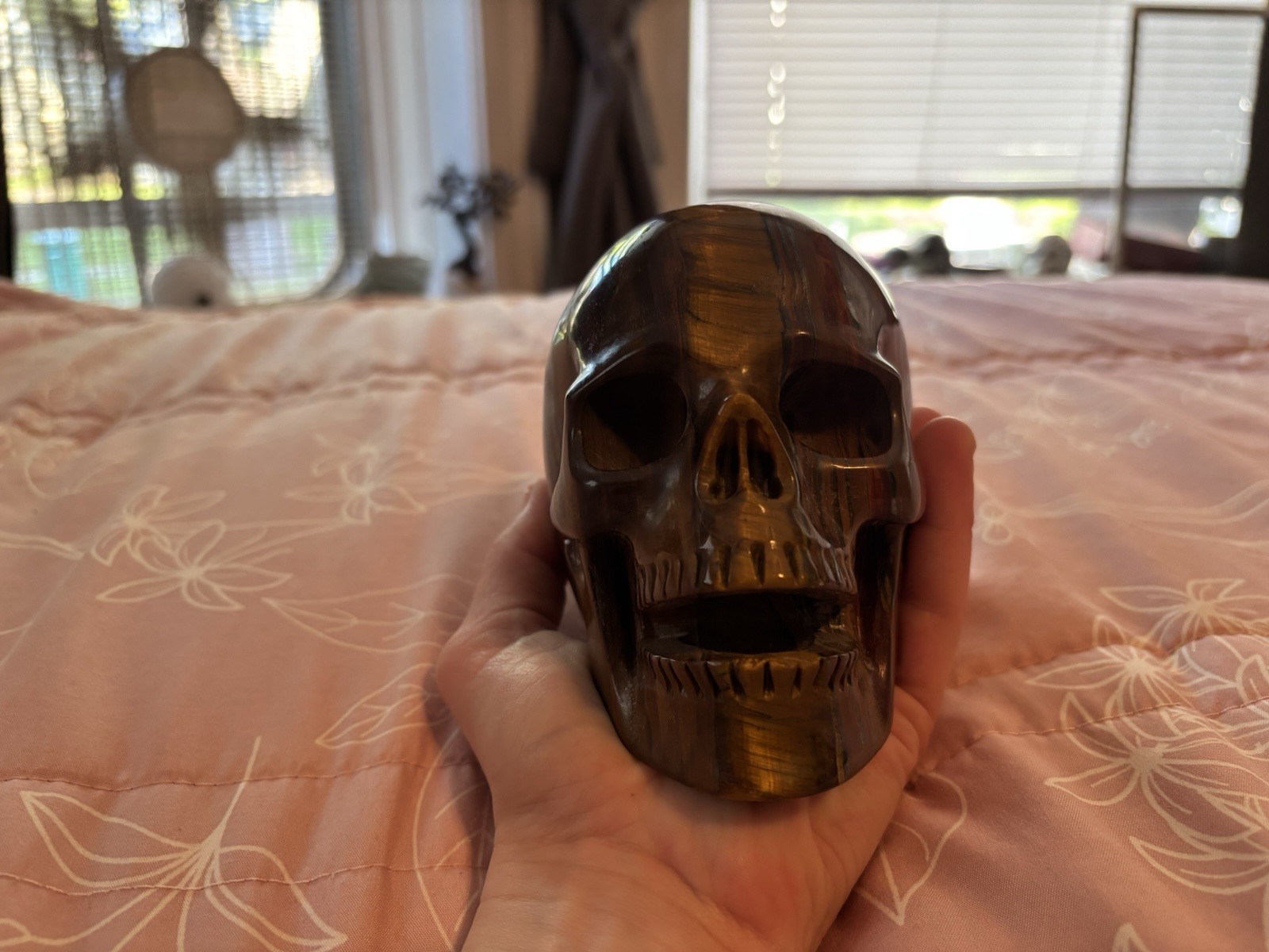 Skullis 5.1” Tiger Iron Eye Singing Crystal Skull 5 lb Hand Carved