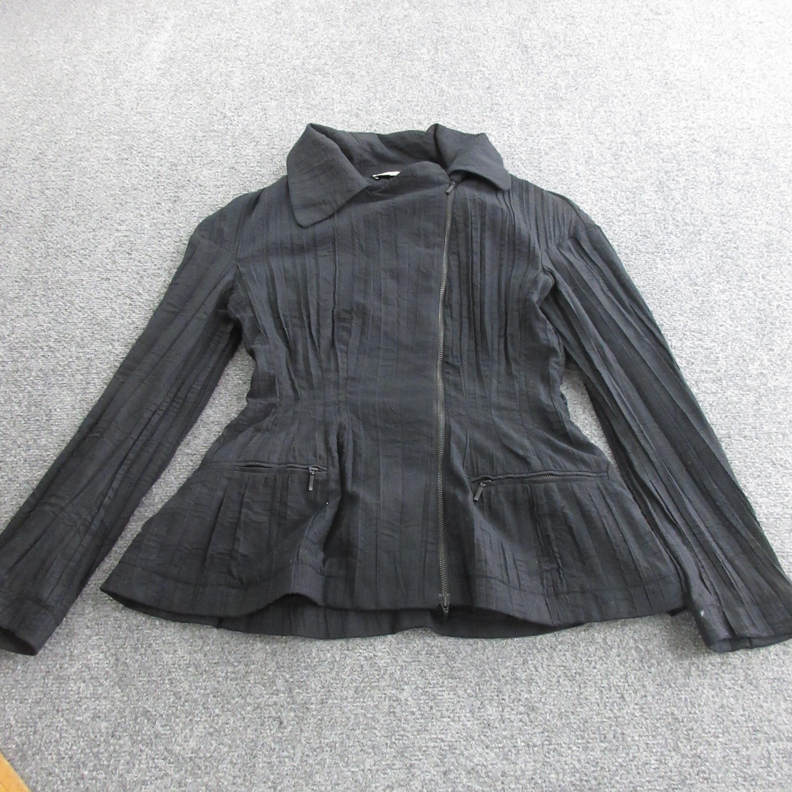 Ivan Grundahl Jacket Womens 38 Black Twill Striped Zip Front Pleated Slim Fit