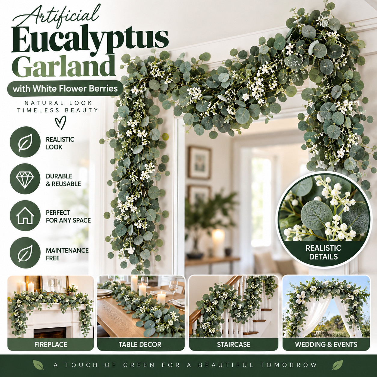 Artificial Eucalyptus Leaves Garland Faux Greenery Vines White Flower Berry Deco