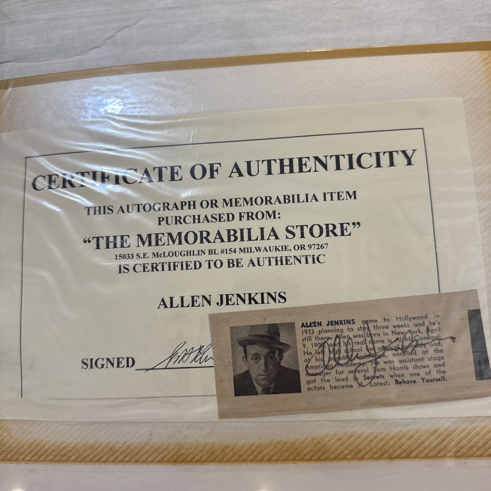 Allen Jenkins Autograph With Certificate Of Authenticity Confirmed Authentic Allen Jenkins Autograph With Certificate Of Authenticity Confirmed Authentic