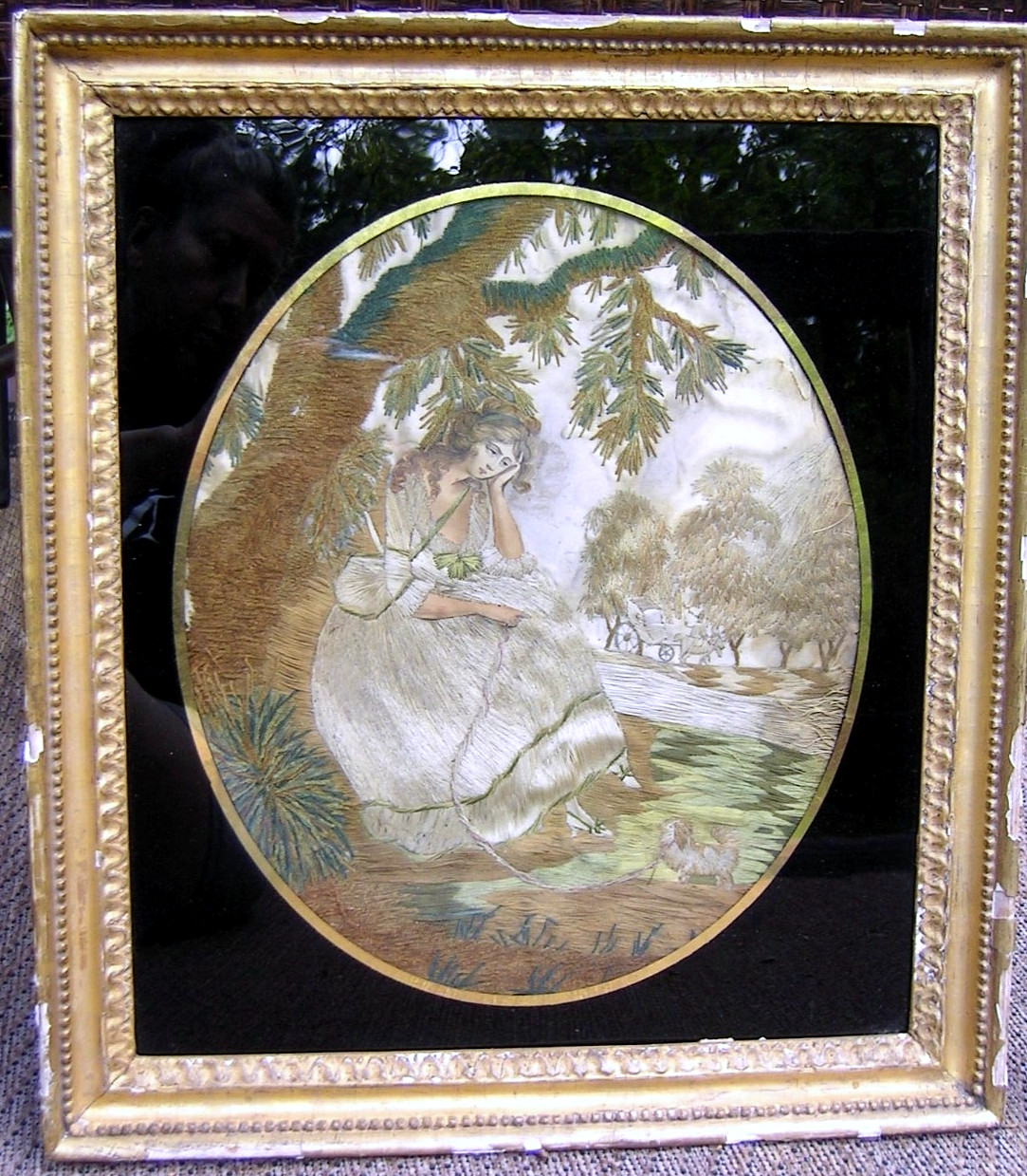 Antique Georgian Silk Embroidery Mourning Picture with Dog c.1800