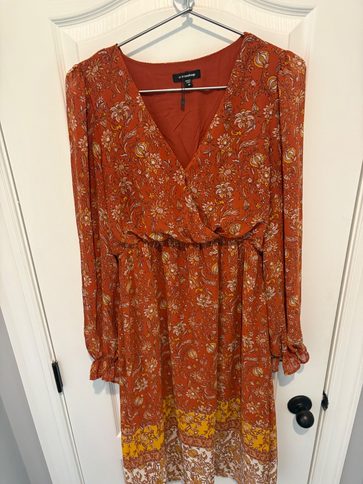 Mittoshop Women\'s Dress V-Neck Long Sleeve Floral Size M Rust Orange NWT