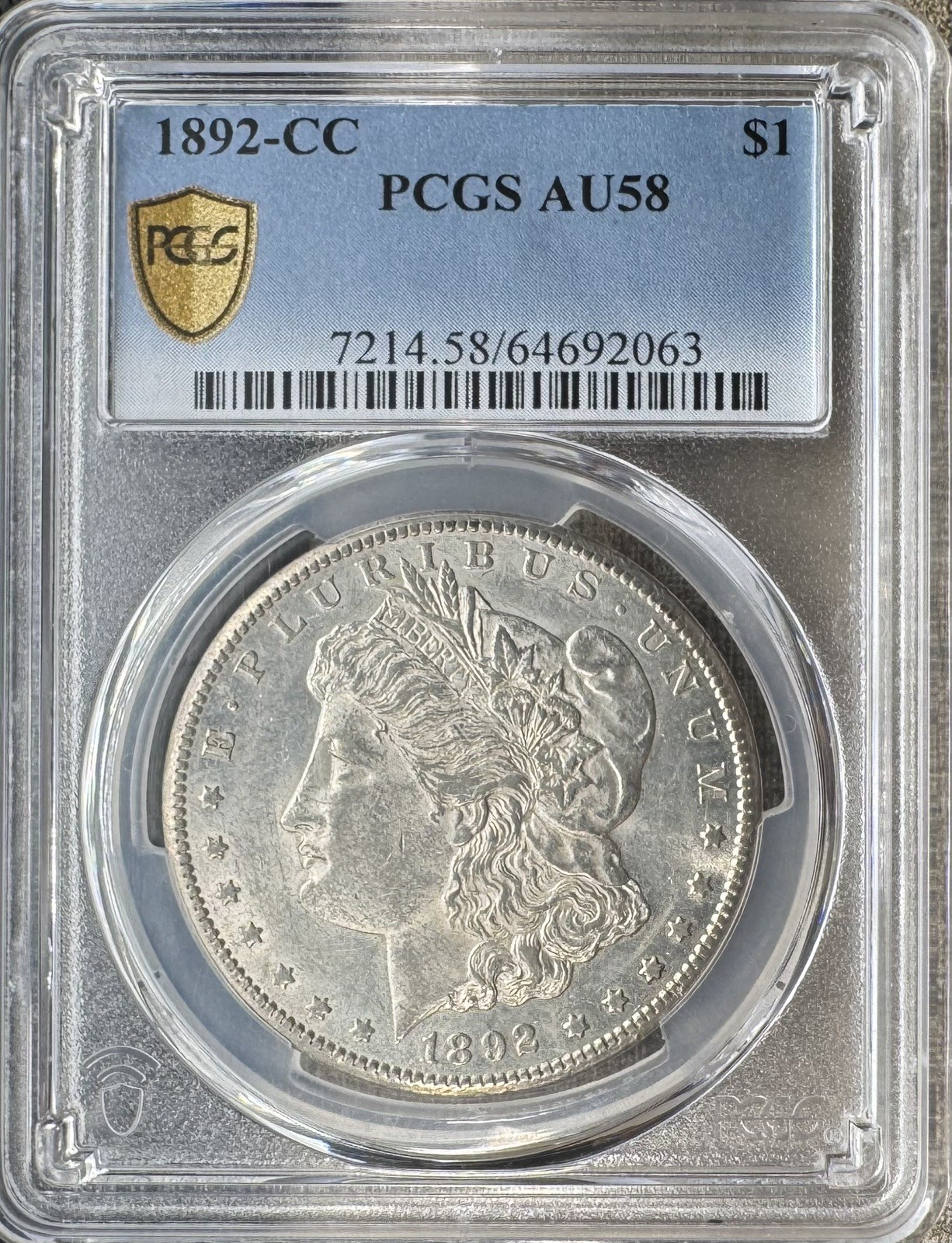 1892-CC $1 Morgan Silver Dollar PCGS AU58 Business Strike/Key Date ~ Gold Shield