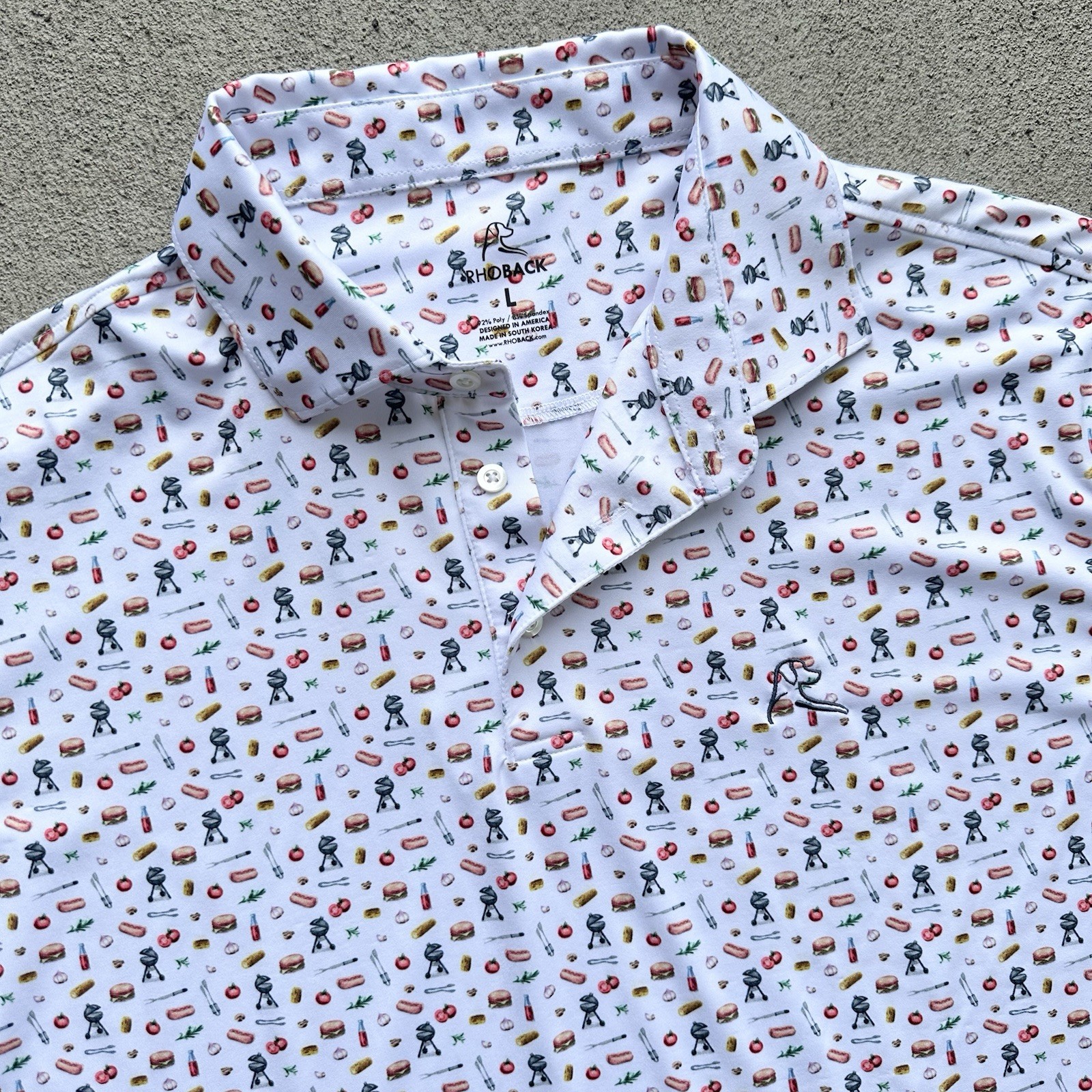RHOBACK Men\'s Size Large Polo Shirt White BBQ Grill Hot Dog Golf Dad NEW