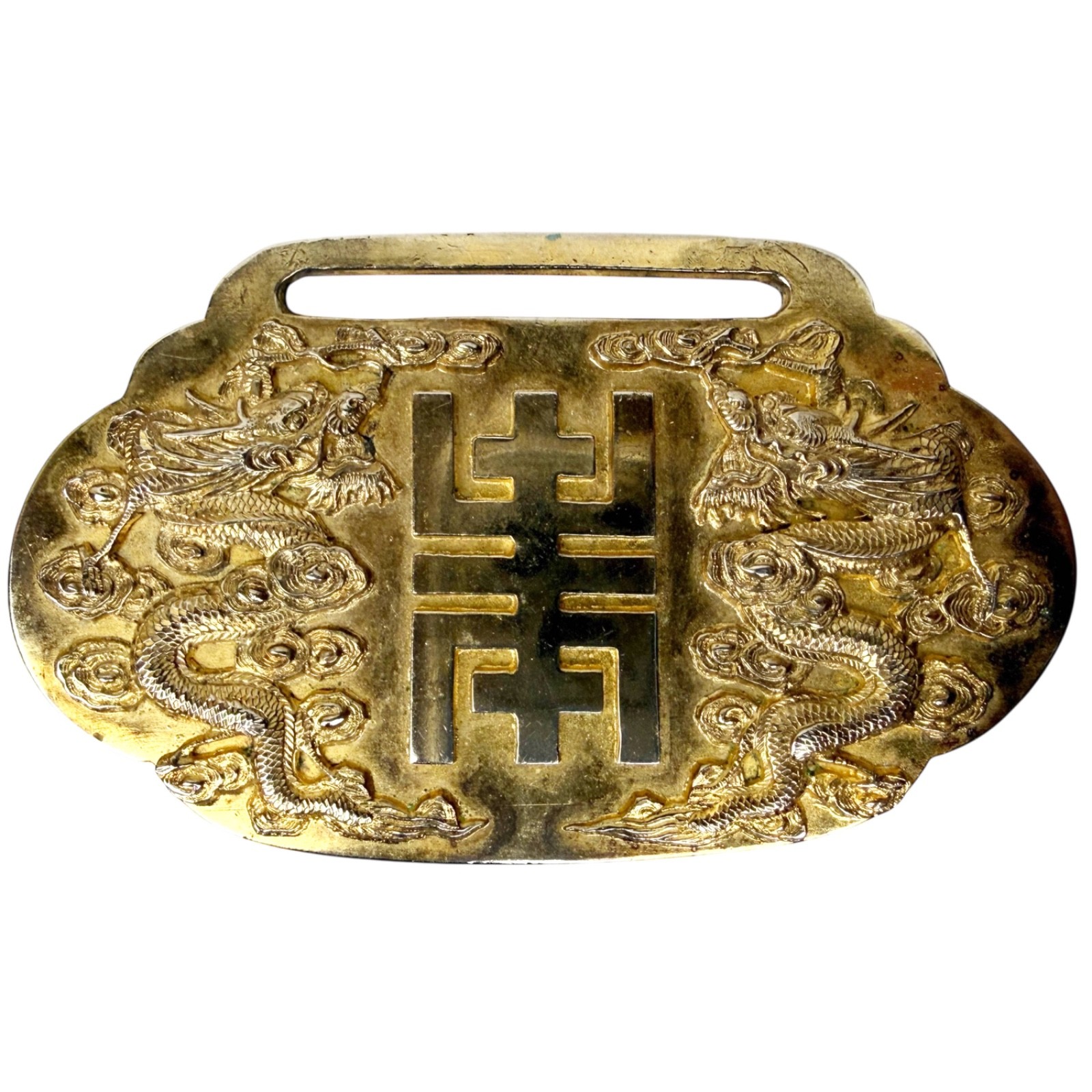 1930s Chinese Nanking Store Sterling Silver Gilt Dragon Sash Ornament or Buckle