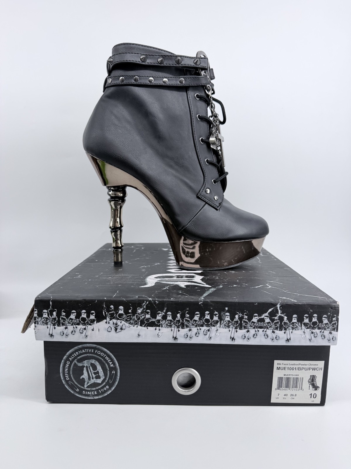 Demonia Muerto 1001 Finger Bone Heel Platform Biker Ankle Boots Charm Chain Demonia Muerto 1001 Finger Bone Heel Platform Biker Ankle Boots Charm Chain