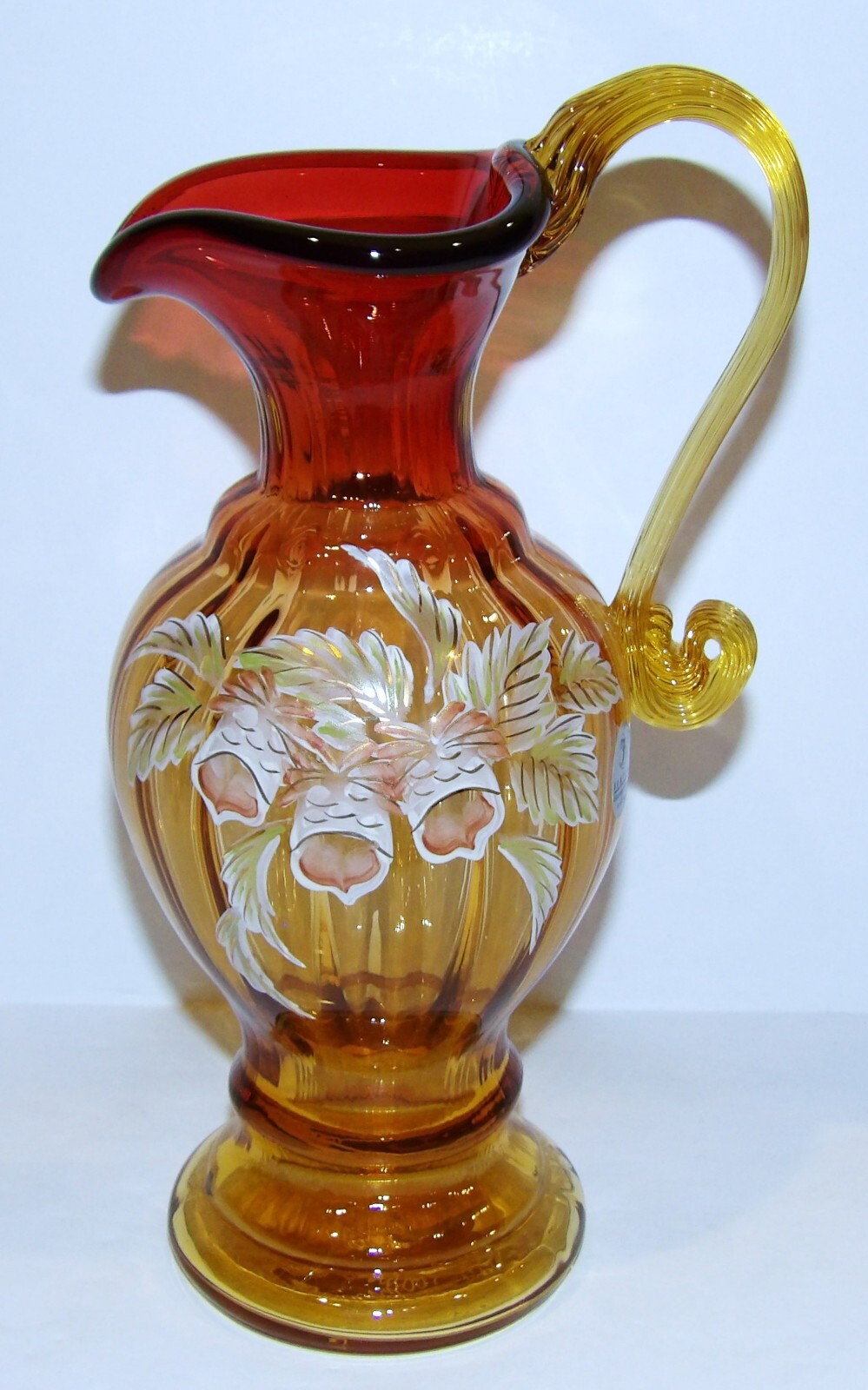FENTON ART GLASS GOLD AMBERINA 1211AV WOODLAND BOUQUET #1122/2500 J CUTSHAW EWER FENTON ART GLASS GOLD AMBERINA 1211AV WOODLAND BOUQUET #1122/2500 J CUTSHAW EWER