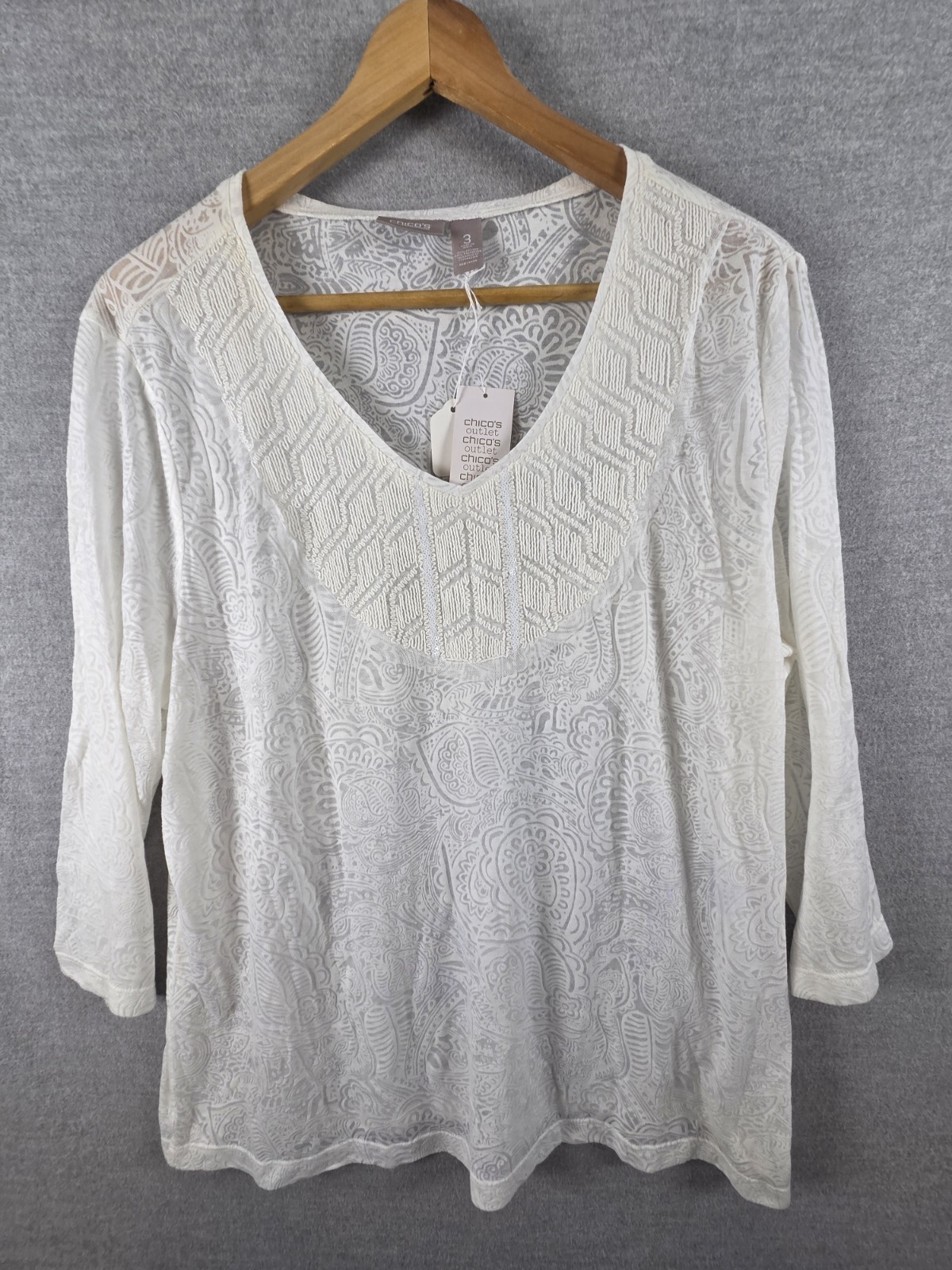 Chicos 3 Tunic Top XL White All Over Lace Raychel Burnout 3/4 Sleeve Boho NEW