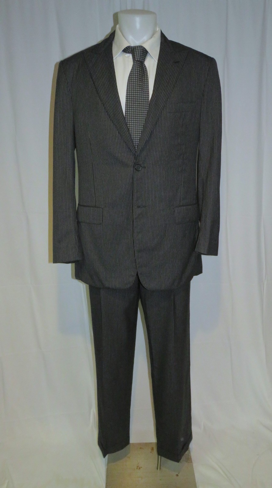 Lombardo Custom Tailored Black Stripe Silk Blend Two Button Gangster Suit 40L