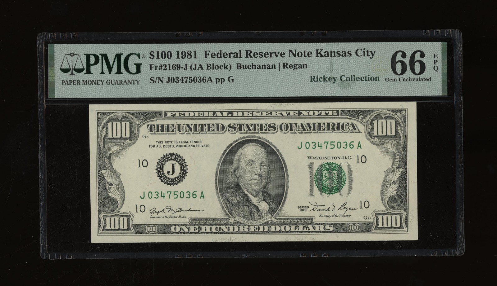 DBR 1981 $100 Kansas City Gem Fr. 2169-J PMG 66 EPQ Serial J03475036A