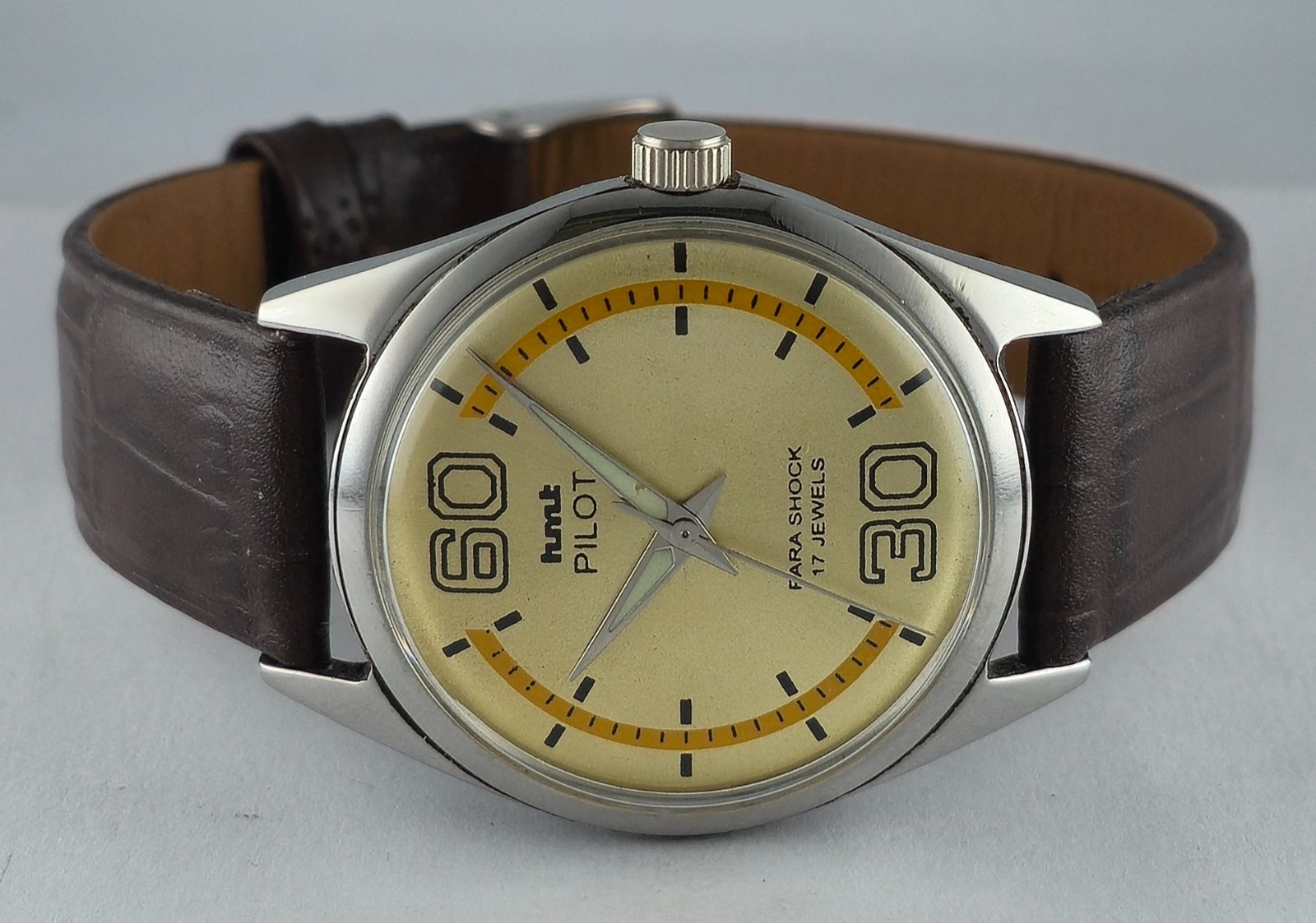 Vintage HMT Pilot Hand Winding Yellow Dial Men Wristwatch | 17 Jewels