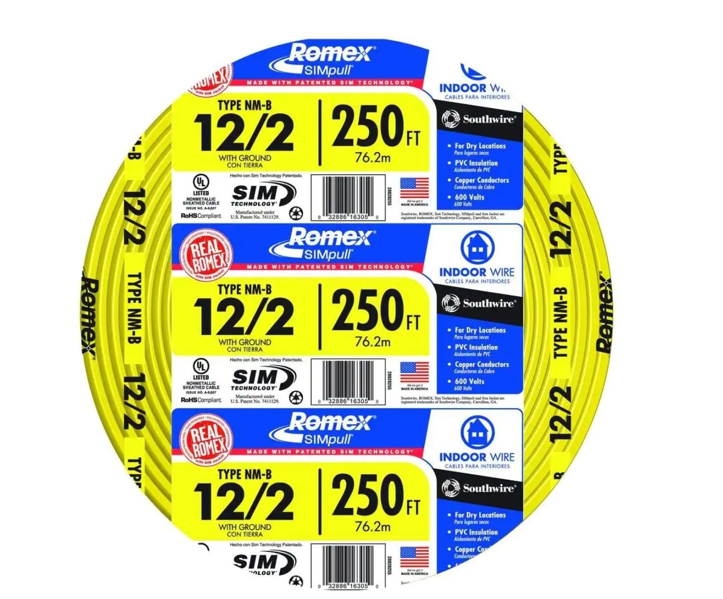 Southwire 28828255 250 ft. 12/2 Solid Romex SIMpull CU NM-B W/G Conductor Cable