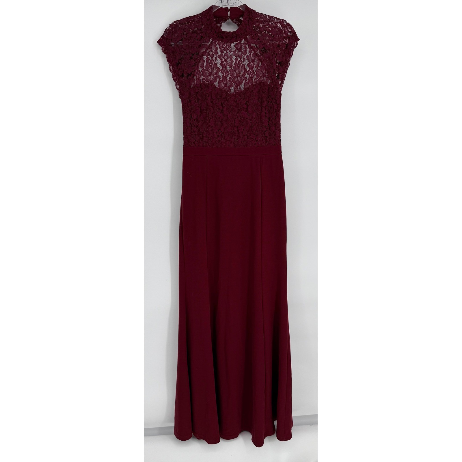 Lulus Burgundy Lace Mock Neck Open Back Maxi Dress Gown Womens Sz L
