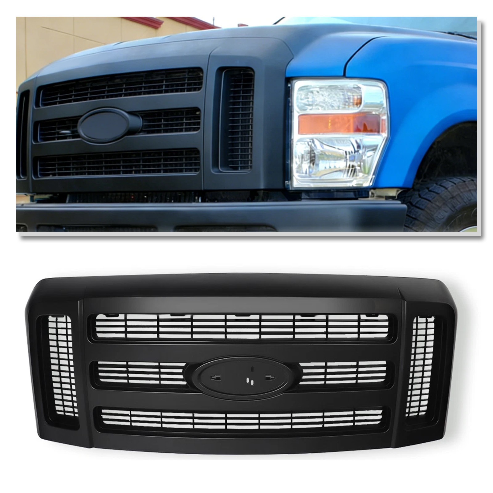 For 2008-2010 Ford F250 F350 Super Duty XLT Front Grille Upper Grill Matte Black