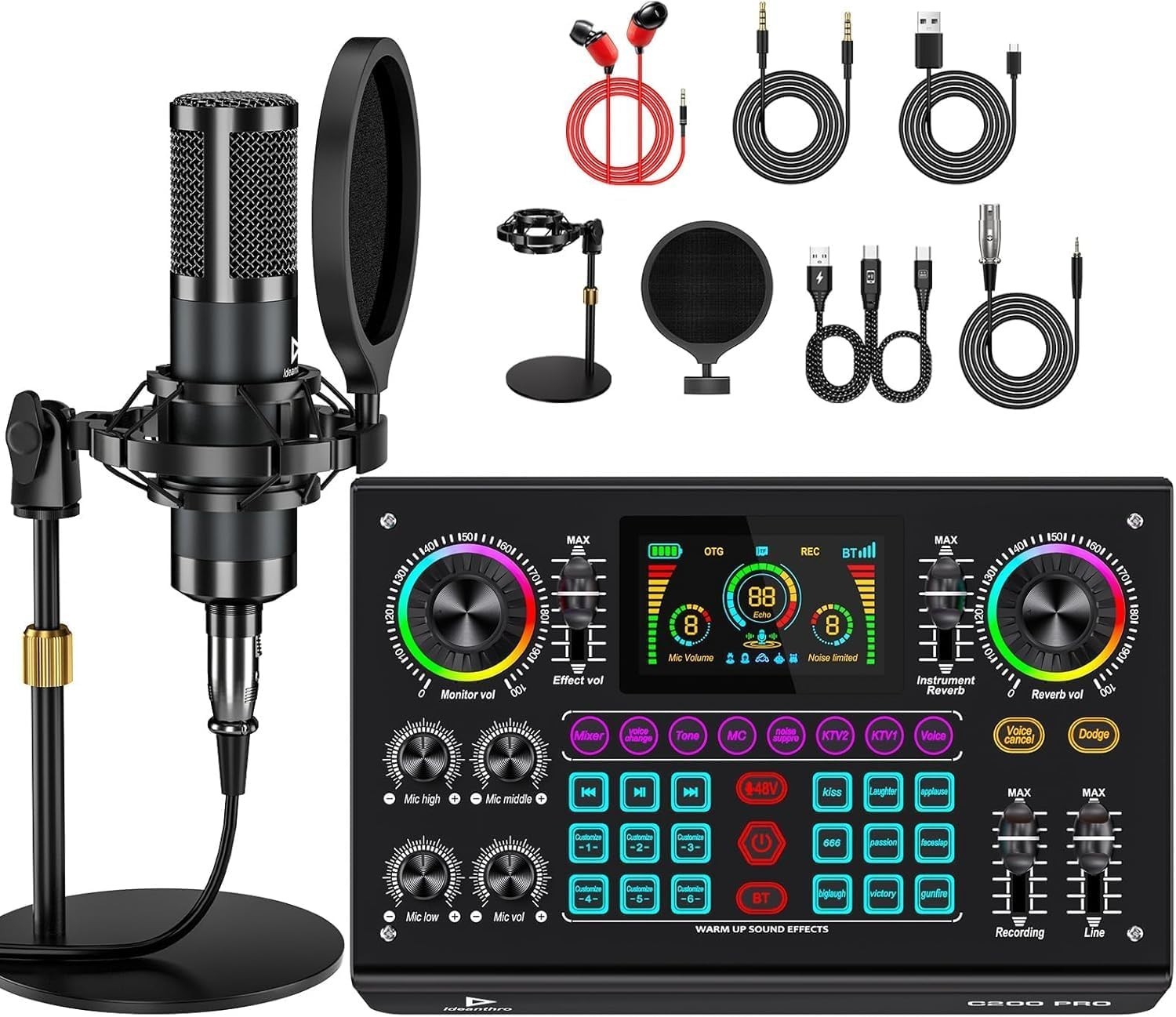 TENLAMP C200-DISC Audio Mixer Podcast Equipment Bundle Live Sound Card