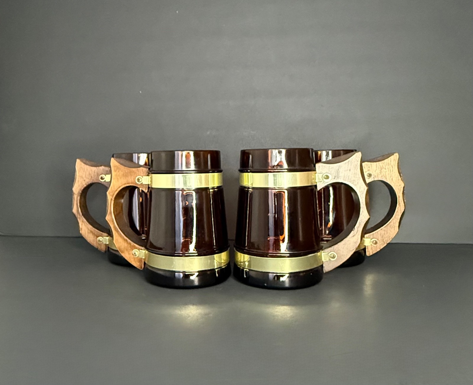 Set of 4 Siesta Ware Amber Glass with Brass Trim and Wooden Handle Mugs