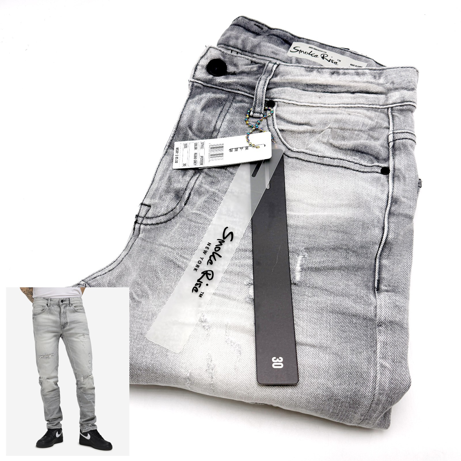 *NEW* Men Smoke Rise Straight Heavy Whisker Effect Jeans RUBIO GREY (JP25508) 👍