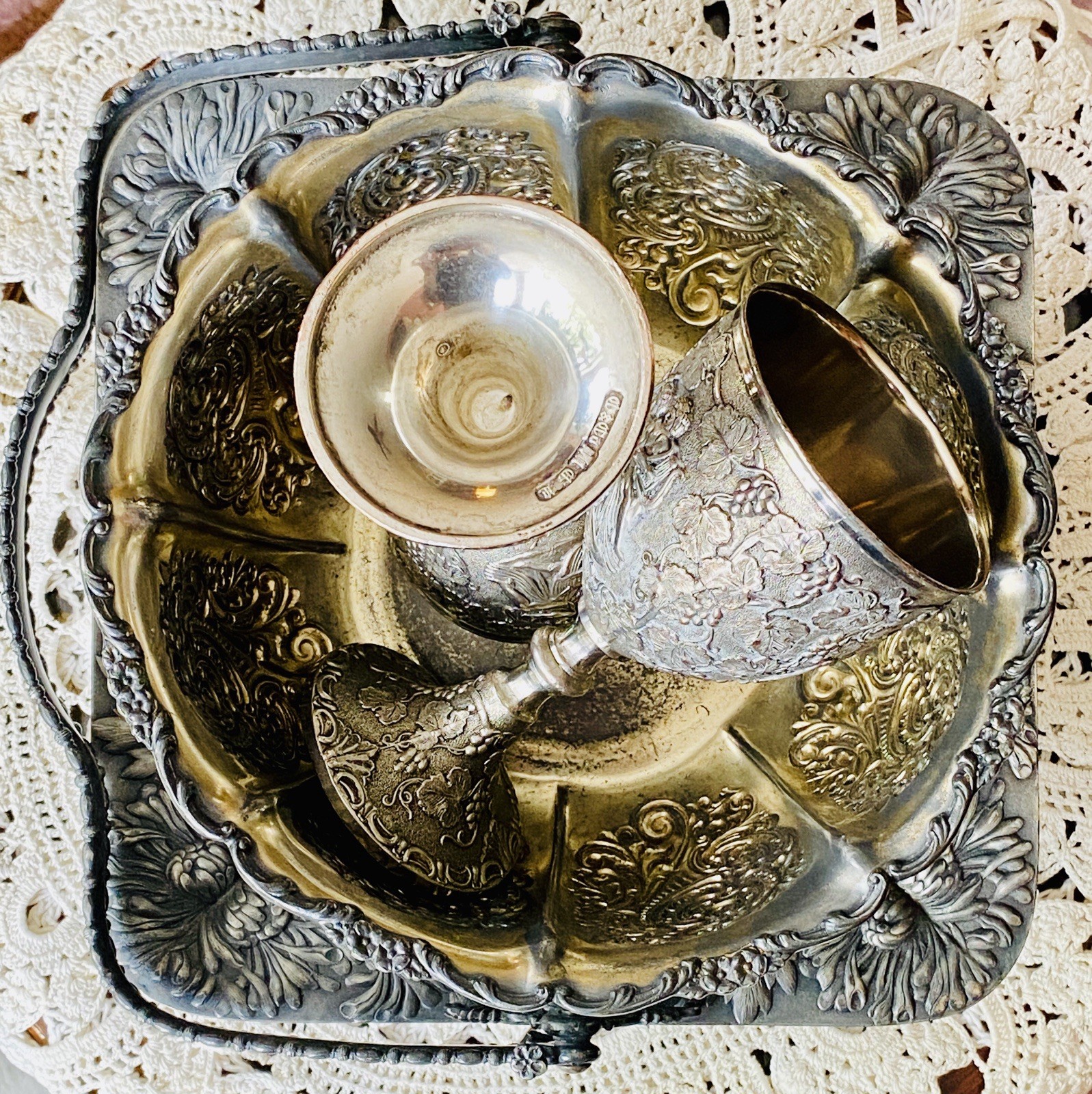 1893 E. G. Webster Silver Plate Footed Basket Tray Meriden Bowl Goblets Lot Of 4
