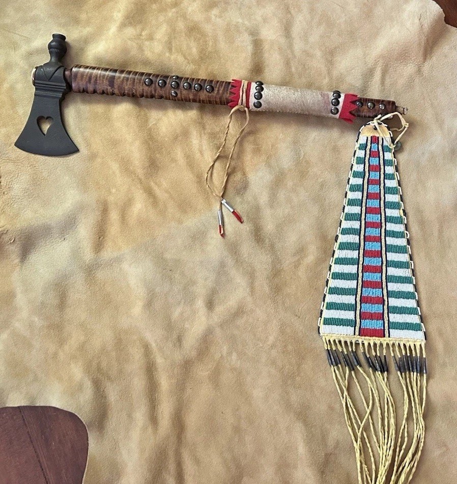 Vintage Pipe Tomahawk With Beaded Drop Curly Maple Shaft Brass Tacks Raw Hide Vintage Pipe Tomahawk With Beaded Drop Curly Maple Shaft Brass Tacks Raw Hide