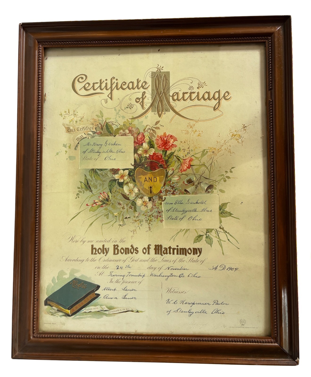 Antique Marriage Certificate 1909 Victorian Ephemera Minnesota- Repaired