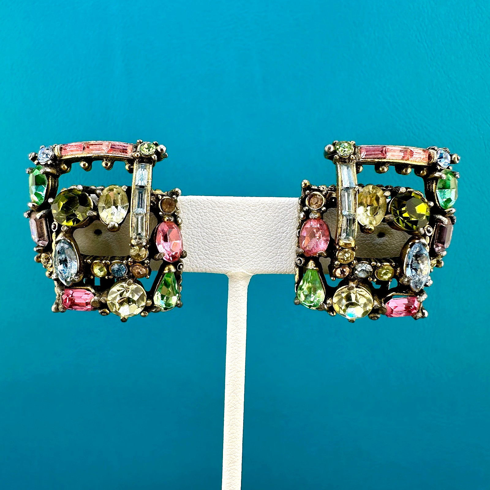Vintage Hollycraft Rhinestone Earrings 1955 Pastel Fruit Salad Clip On Gold Tone