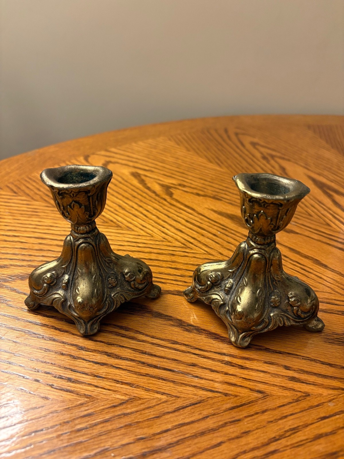 Vintage Ornate Candlestick Holders Pair, Brass Tone Rococo, Baroque Decor
