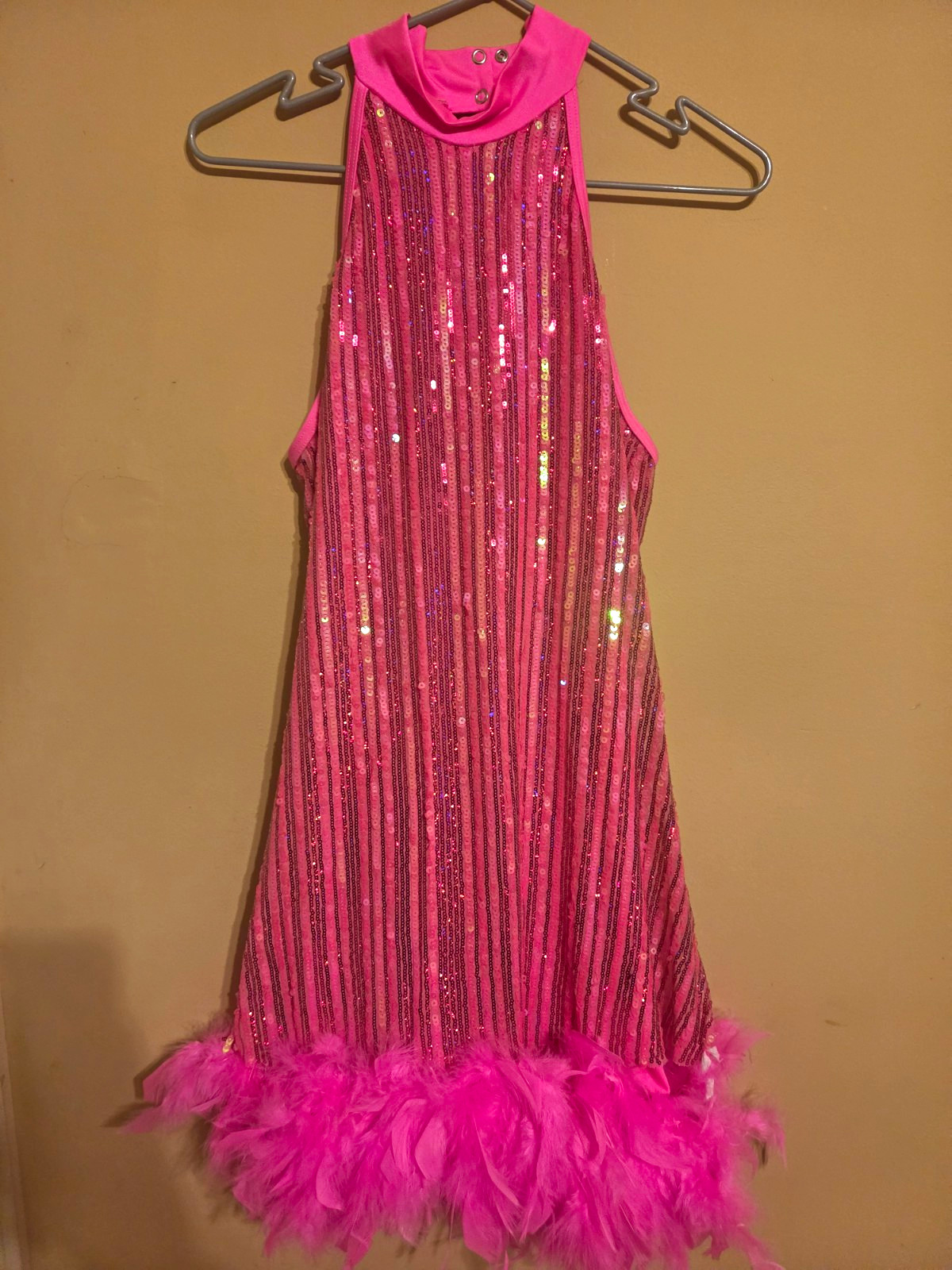 Weissman Women’s XL Pink Sequin Halter Dance Costume Dress with Feather Hem Weissman Women’s XL Pink Sequin Halter Dance Costume Dress with Feather Hem