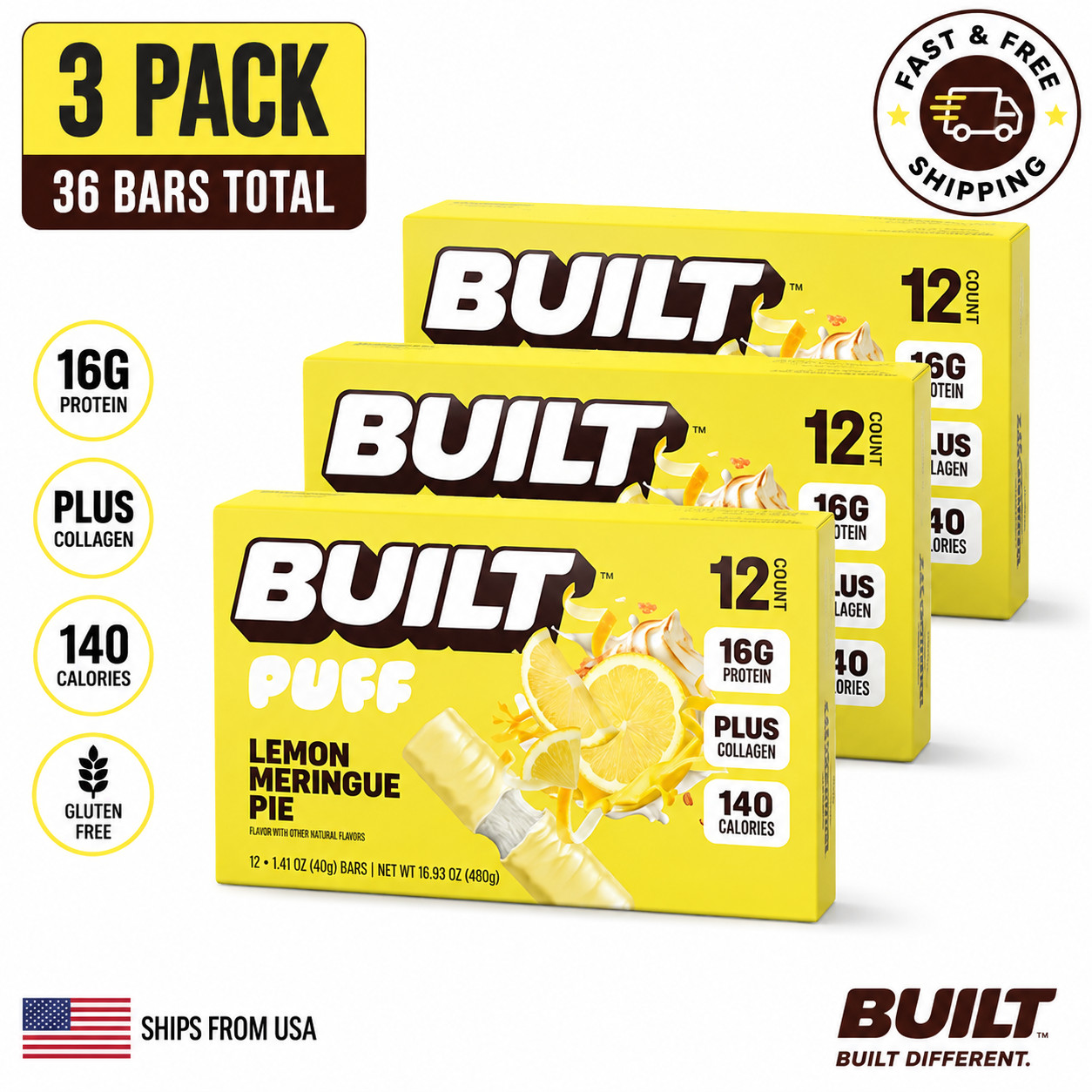 BUILT Puff Lemon Meringue Pie Protein Bars 3 Pack 36 Count 16g Protein
