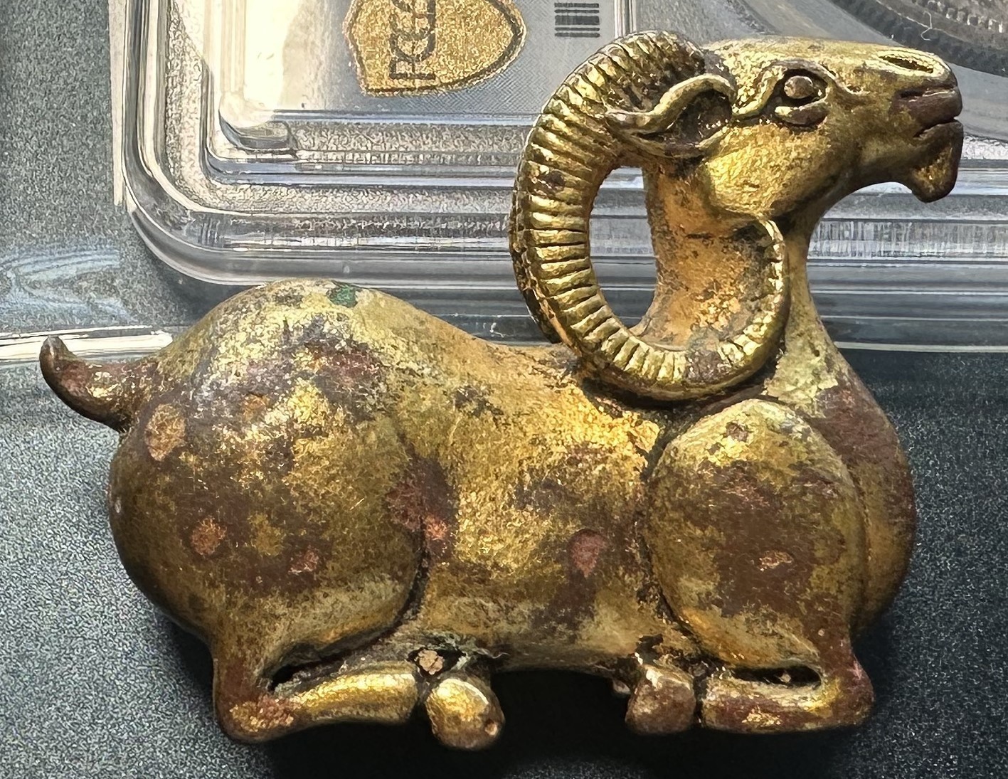 Antique Chinese Gilt Bronze Ram Figure Recumbent Sheep Goat Sculpture