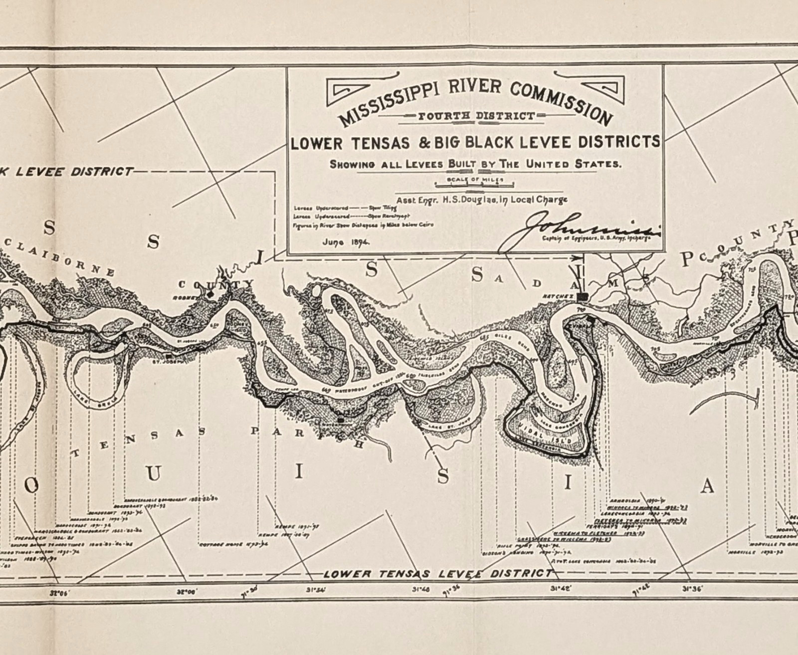 1894 LOUISIANA - MISSISSIPPI River Map Tensas & Big Black Levee Districts 