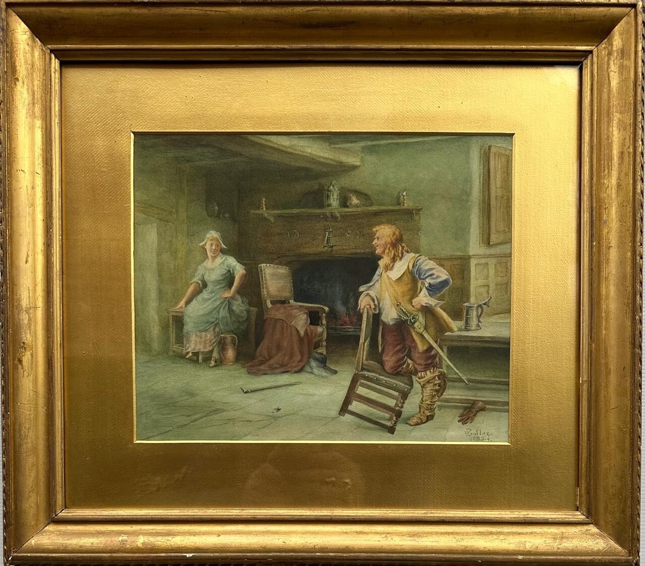 Attrib Elizabeth Butler (1846-1933) : Cottage interior with figures, watercolour