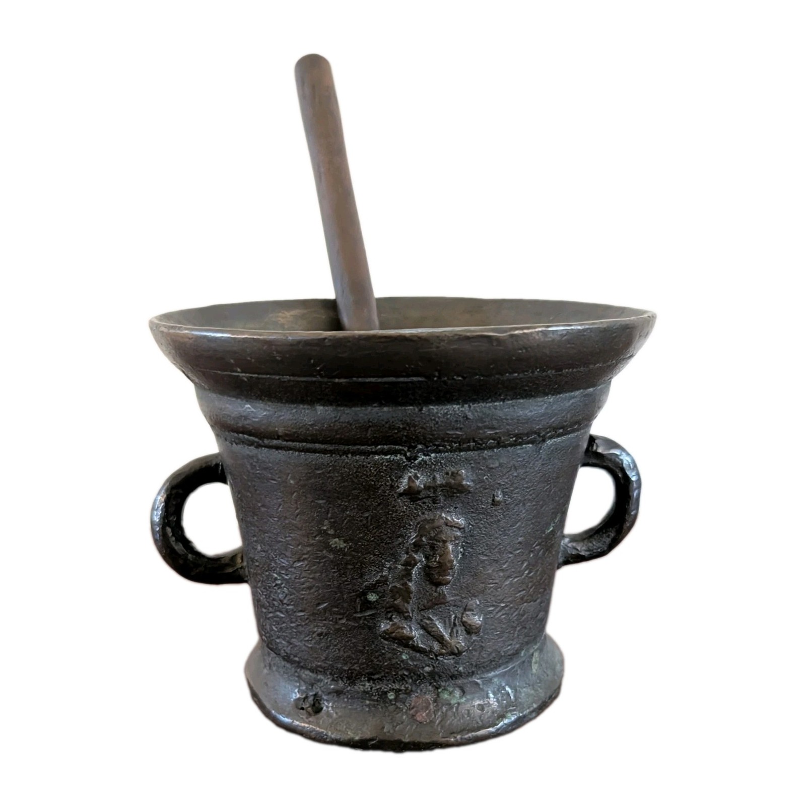Antique Late 17th /  18th Century Bronze Mortar and Pestle ~ Relief Molded Cross