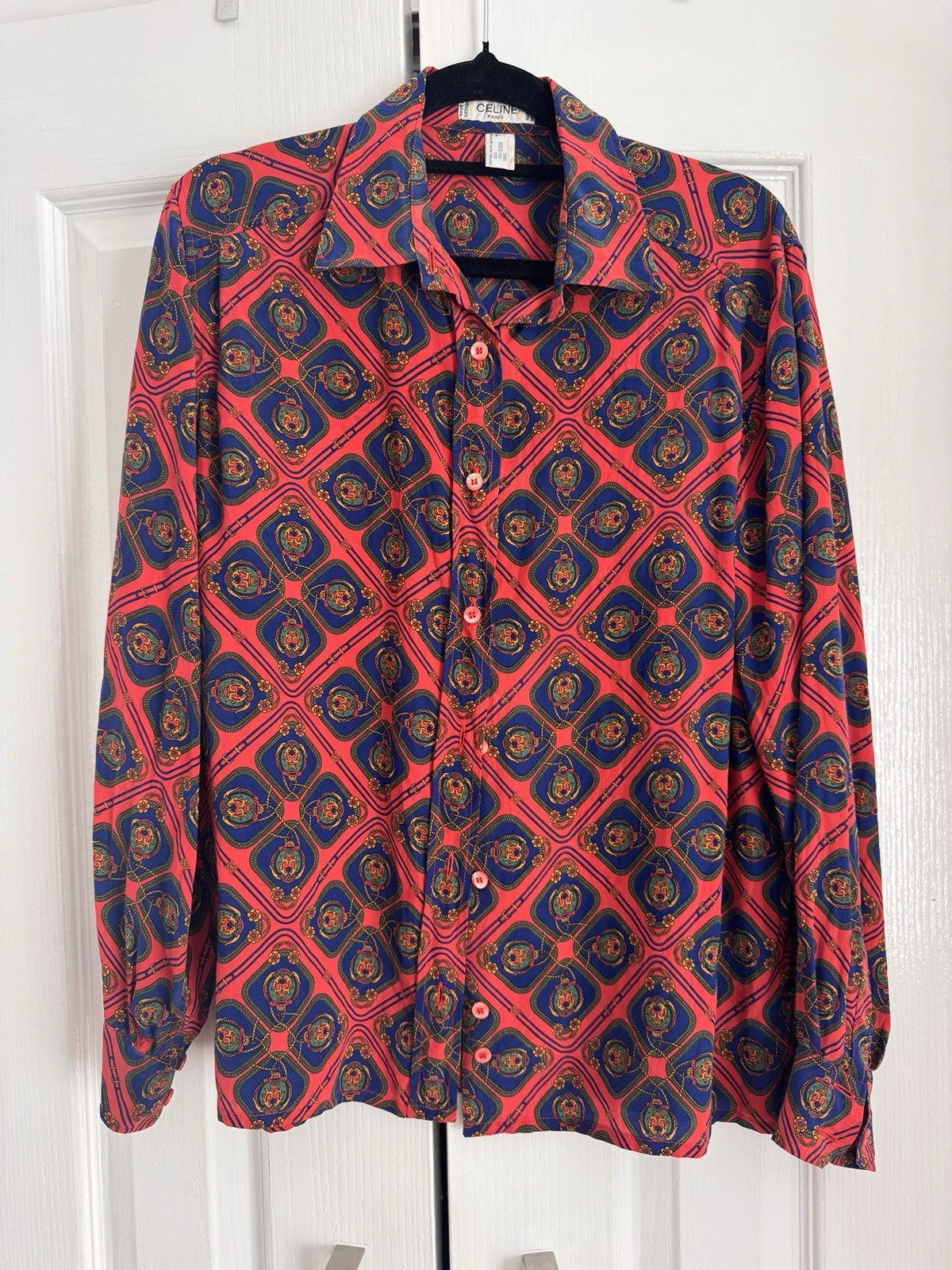 Vintage CELINE Paris 1980s 100% Silk Button-Up Long Sleeve Shirt Sz S Ex Cond