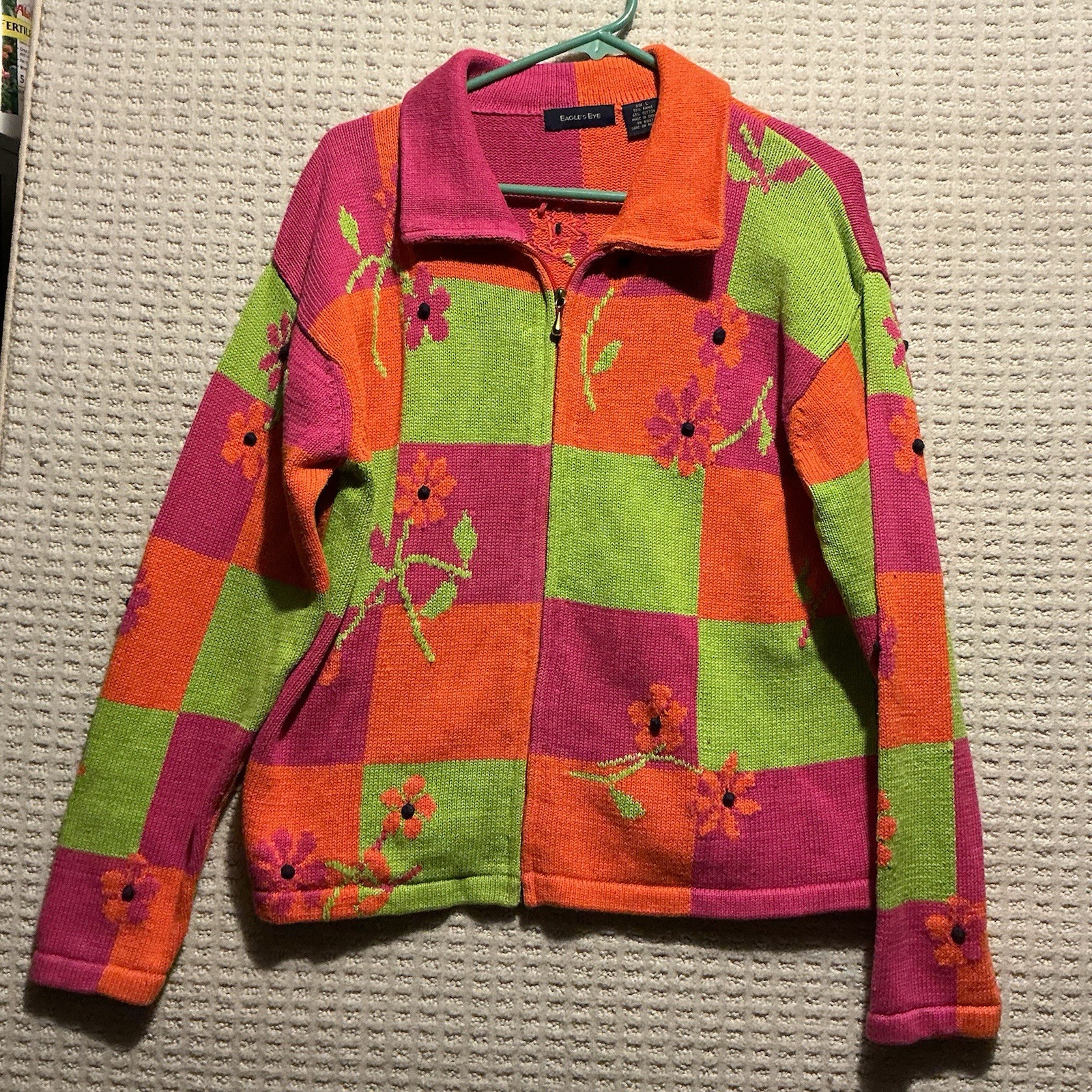 Eagle’s Eye Zip Cardigan Sweater Vintage Retro Flower Power L Line Green Floral