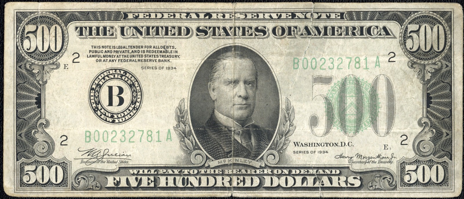 1934 $500 Five Hundred Dollar New York Federal Reserve Note Fr#2201B DGS