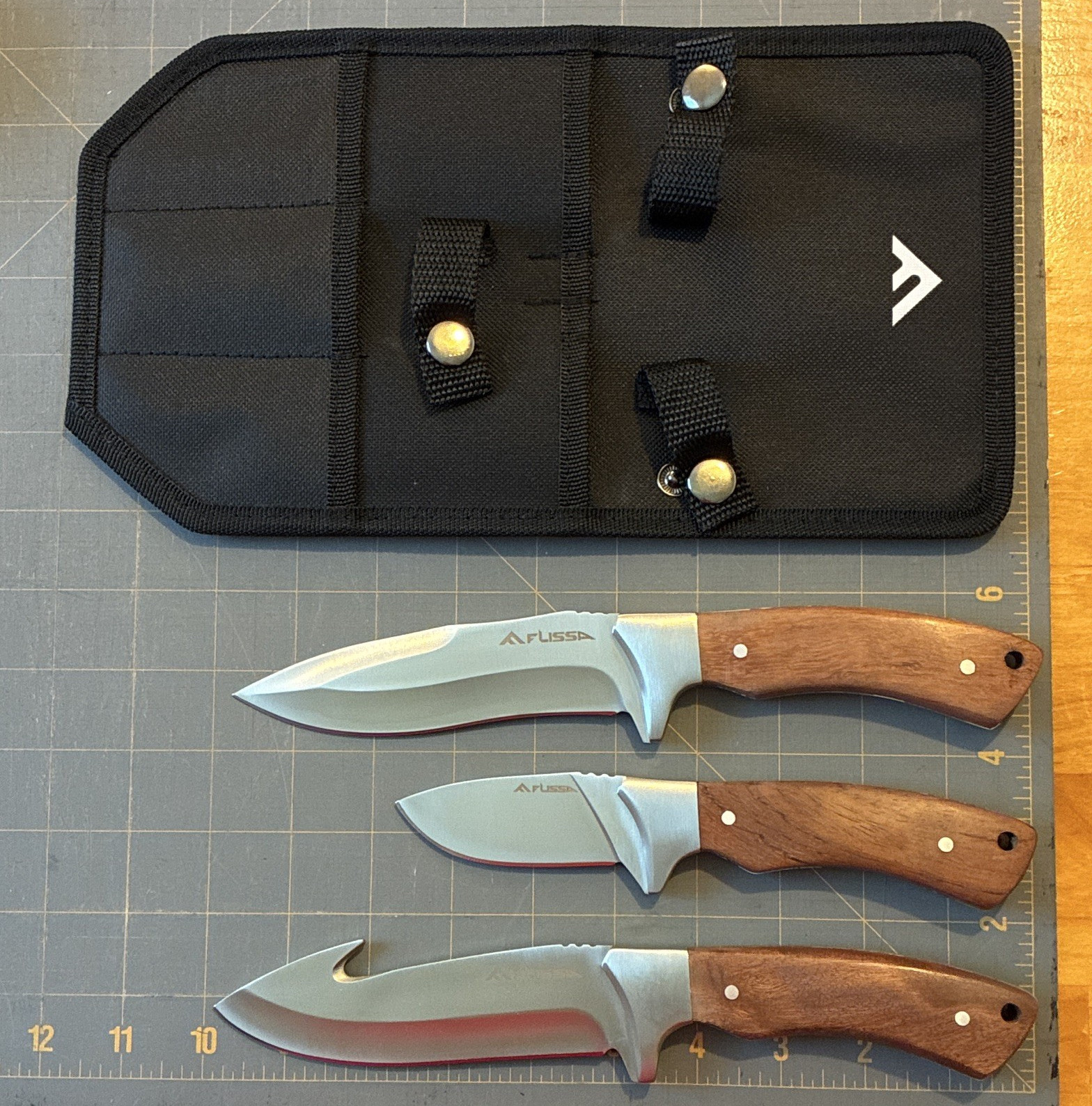 FLISSA 3pc Hunting Fixed Blade Knife Set 4.1-5in SS Drop Point, Sheath FLISSA 3pc Hunting Fixed Blade Knife Set 4.1-5in SS Drop Point, Sheath