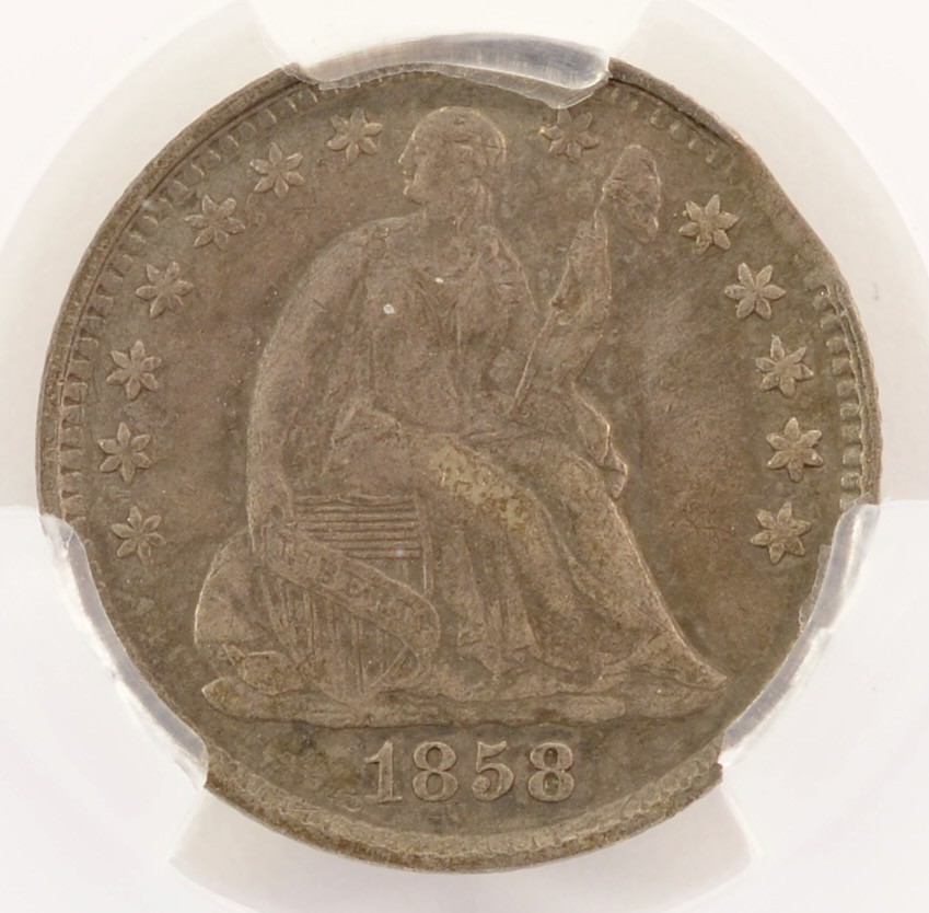 1858 5c Half Dime 6% Curved Clip 1.22g CACG XF45