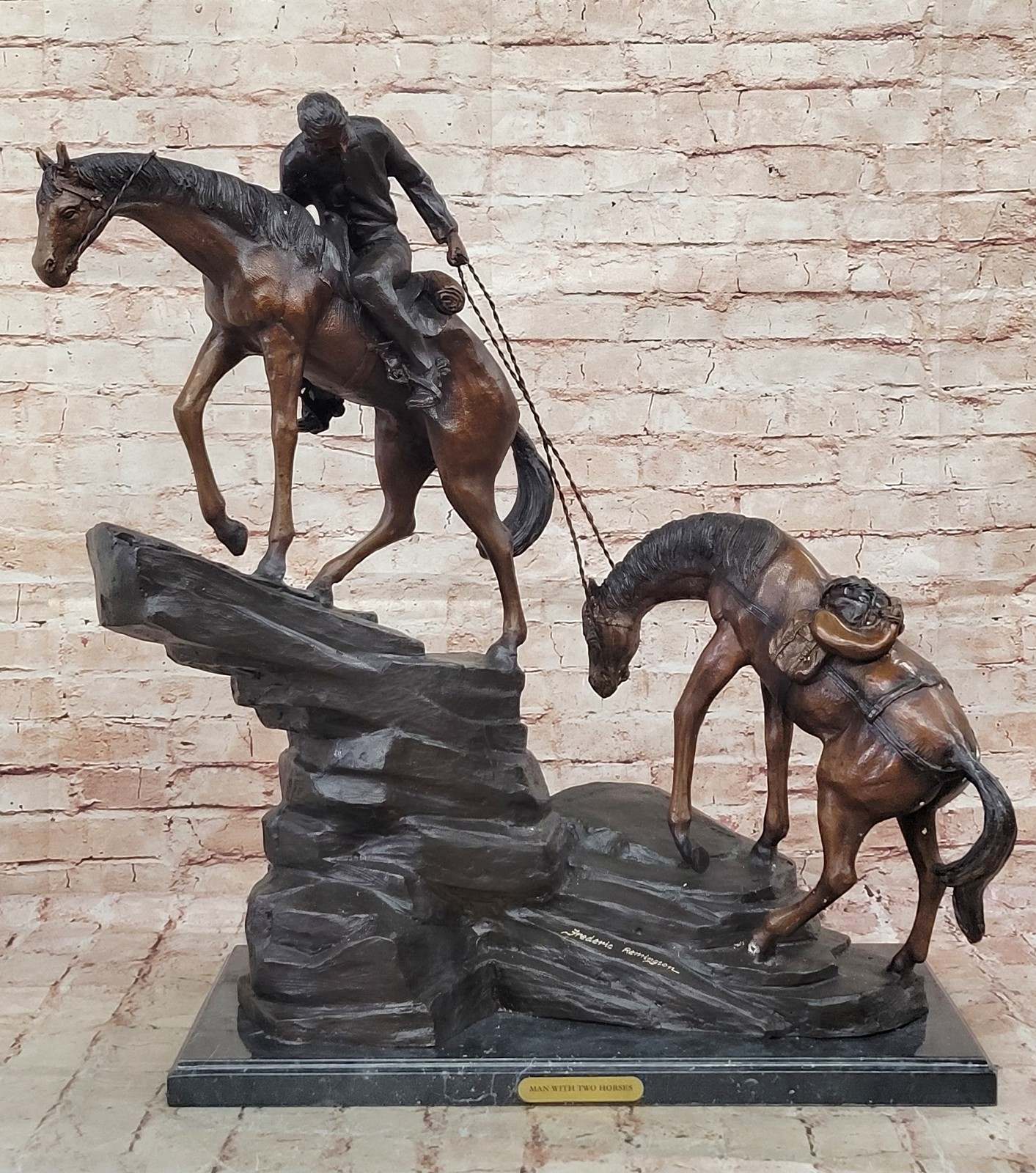 Large Remington Tribute 2 Horses and Cowboy Bronze Sculpture Marble Statue Sale