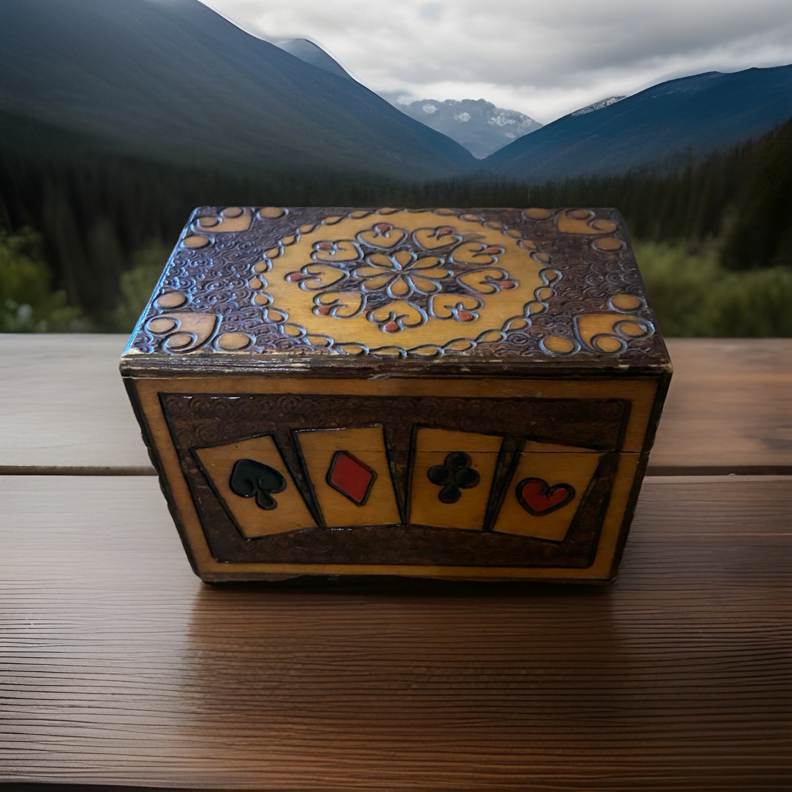 Vintage Wooden Box Playing Cards Two Deck Card Storage Box, Made in Poland Rare