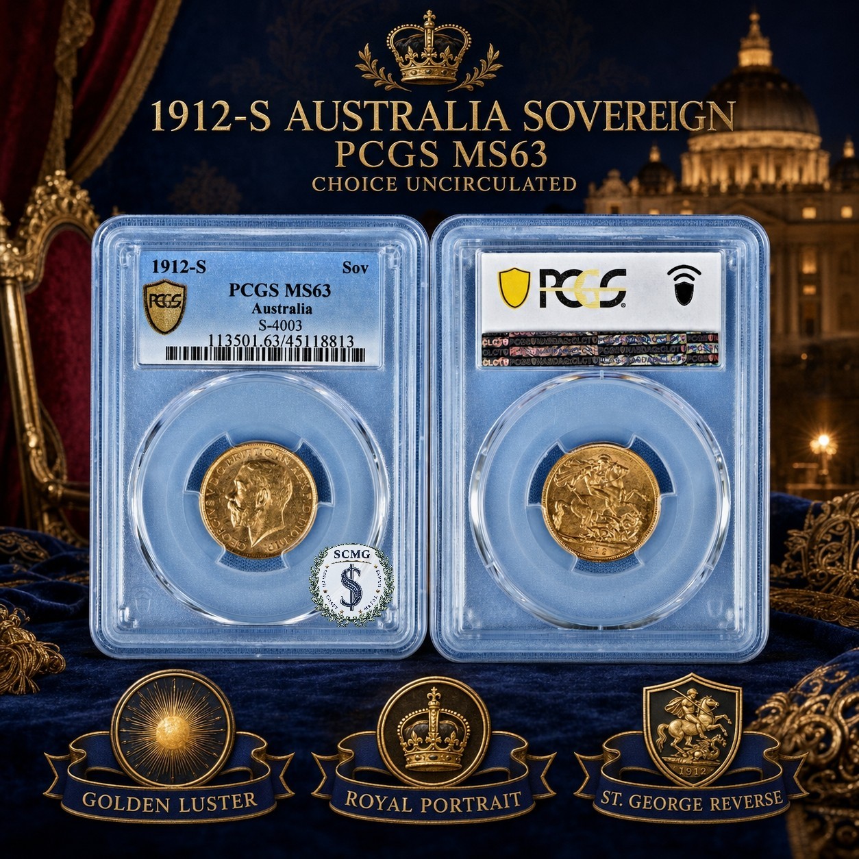 🌟1912 S Gold Australia Sovereign King George V Coin PCGS MS63 in Gold Shield🌟