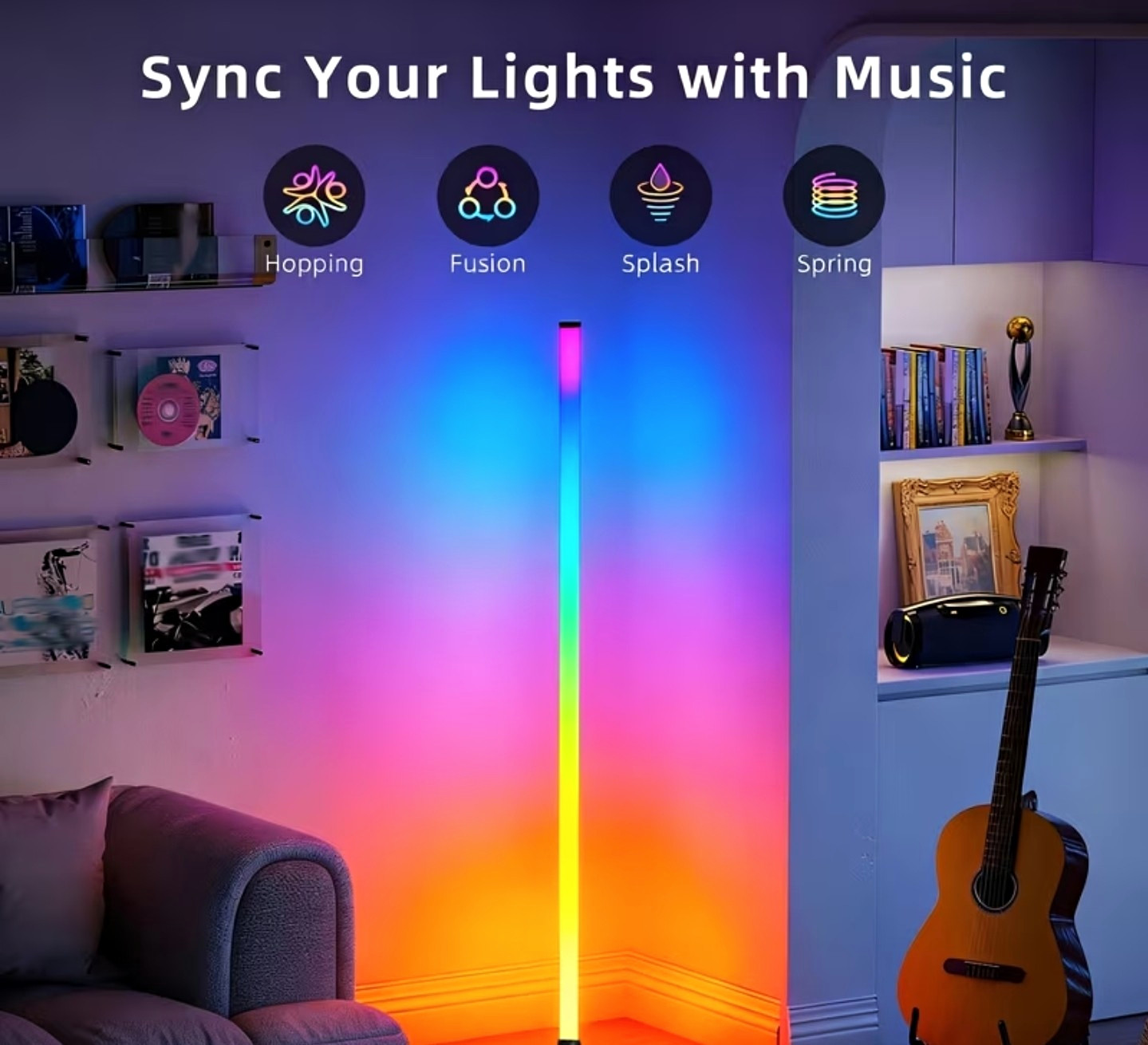 RGB LED Floor Lamp 48in Black, App + Remote, Dimmable Music Sync Color Changing