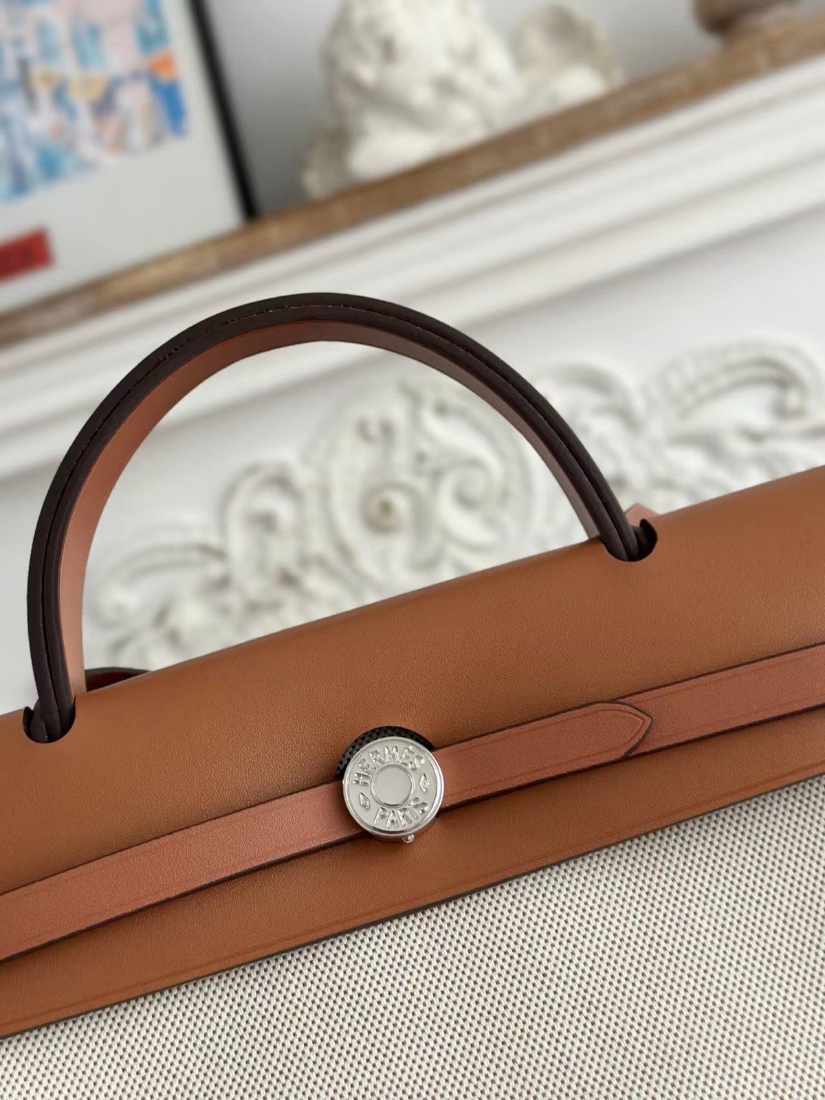Hermès Medium Beige Brown Shoulder Bag Silver Hardware Zip Strap Inner Pockets Hermès Medium Beige Brown Shoulder Bag Silver Hardware Zip Strap Inner Pockets
