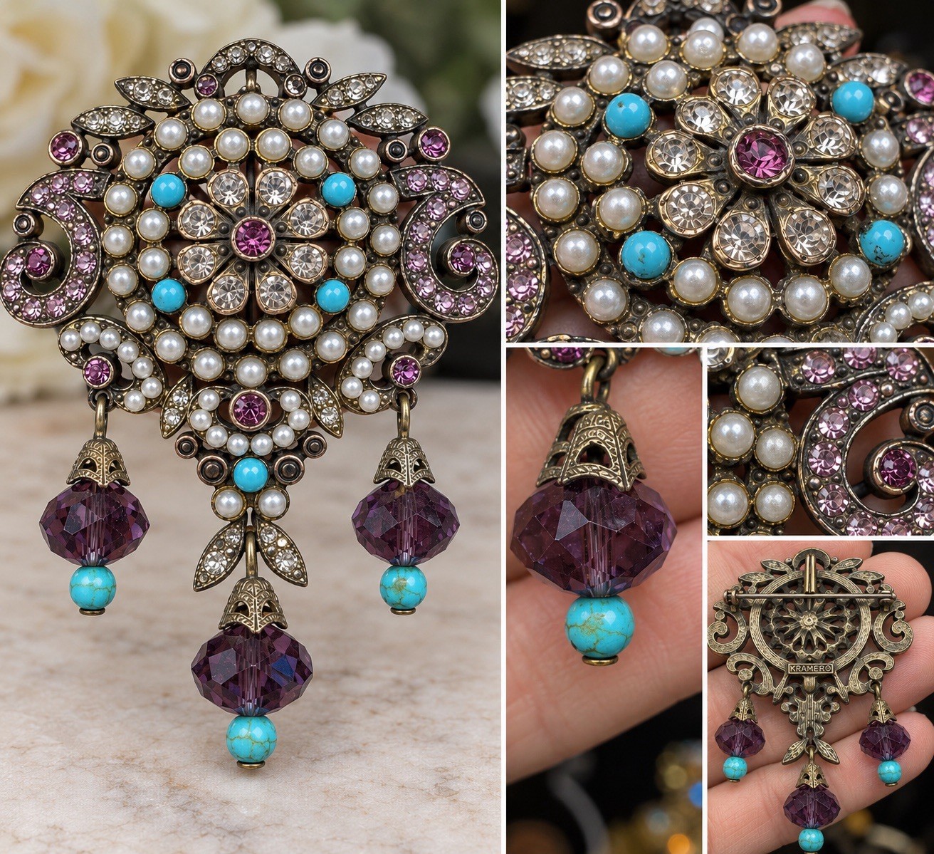 Vintage KRAMER Brooch Pendant Purple Rhinestone Pearl Turquoise Dangle Pin