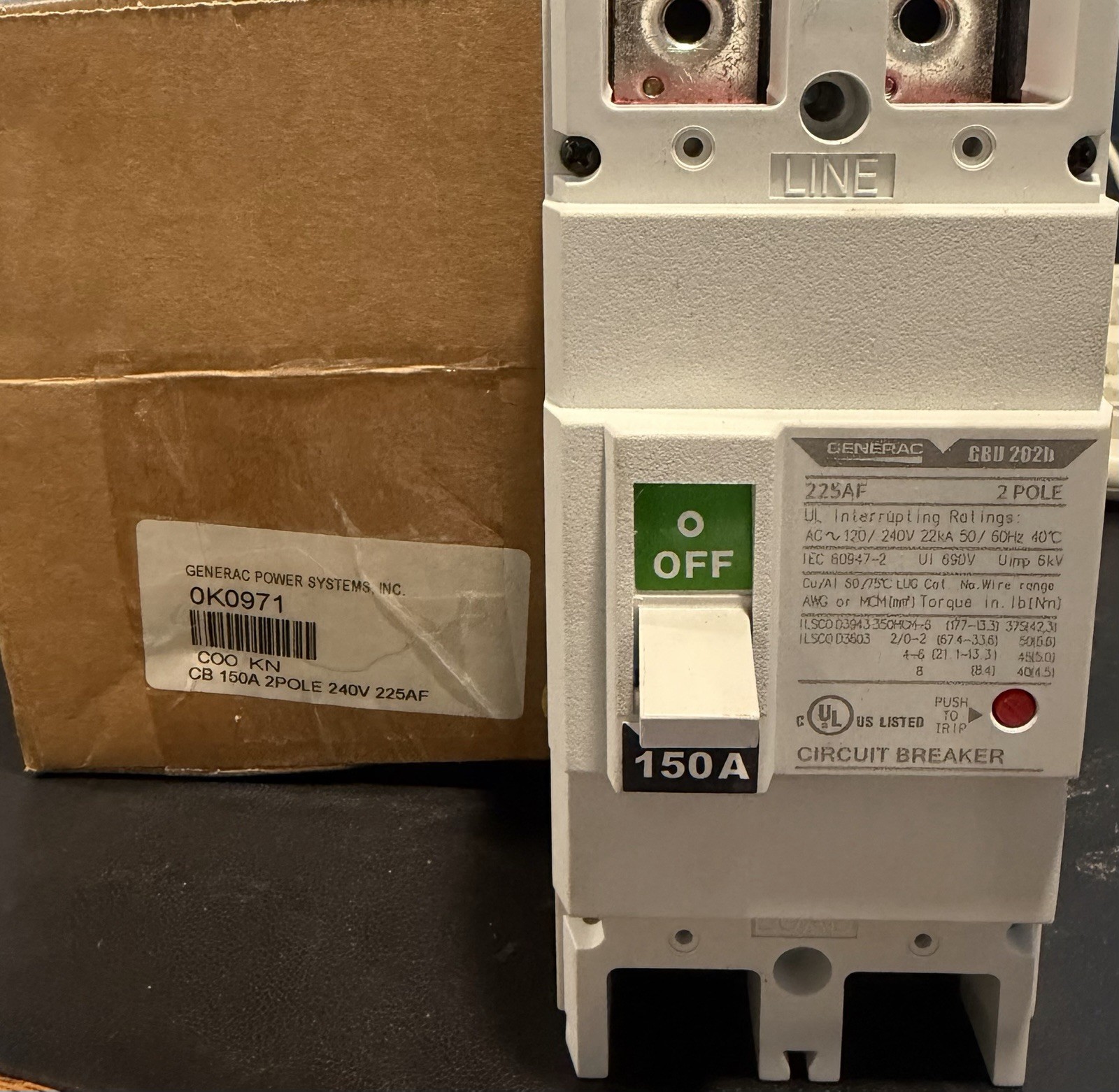 Generac CB 150A 2Pole 240V 225AF Part# 0K0971-Genuine Generac Part-Free Shipping Generac CB 150A 2Pole 240V 225AF Part# 0K0971-Genuine Generac Part-Free Shipping