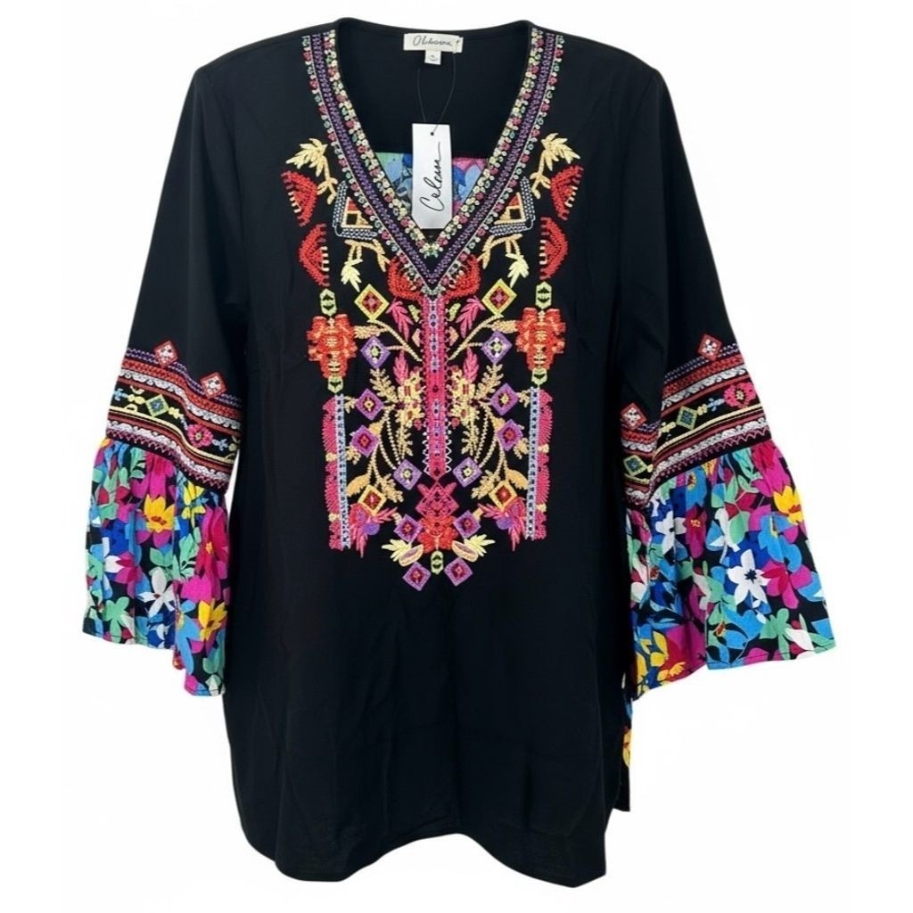 NEW Calessa Women\'s LARGE Embroidered V-Neck Bell Sleeve Top Black