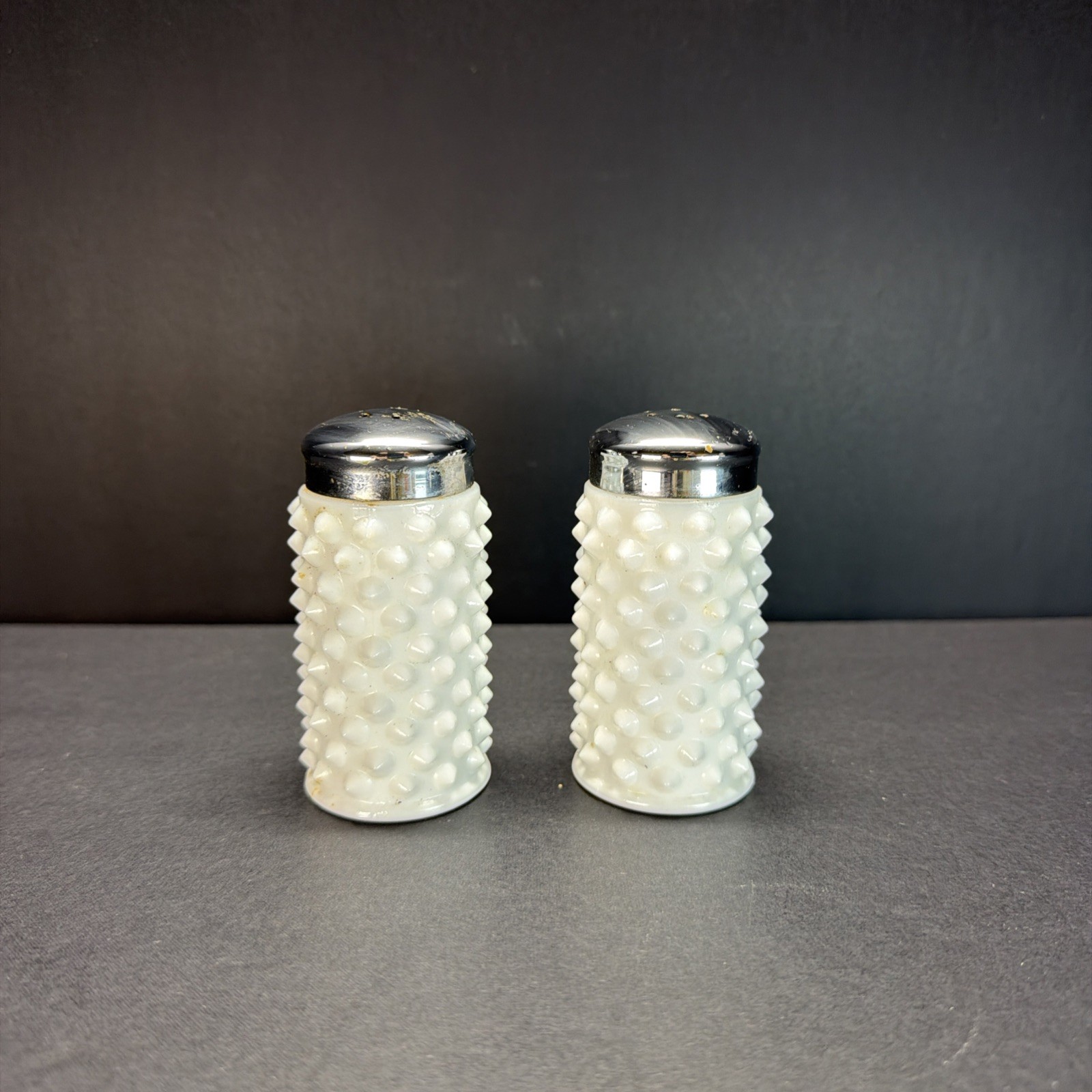 Vintage FENTON Hobnail Milk Glass SALT & PEPPER Shakers, Chrome Lids, 3\